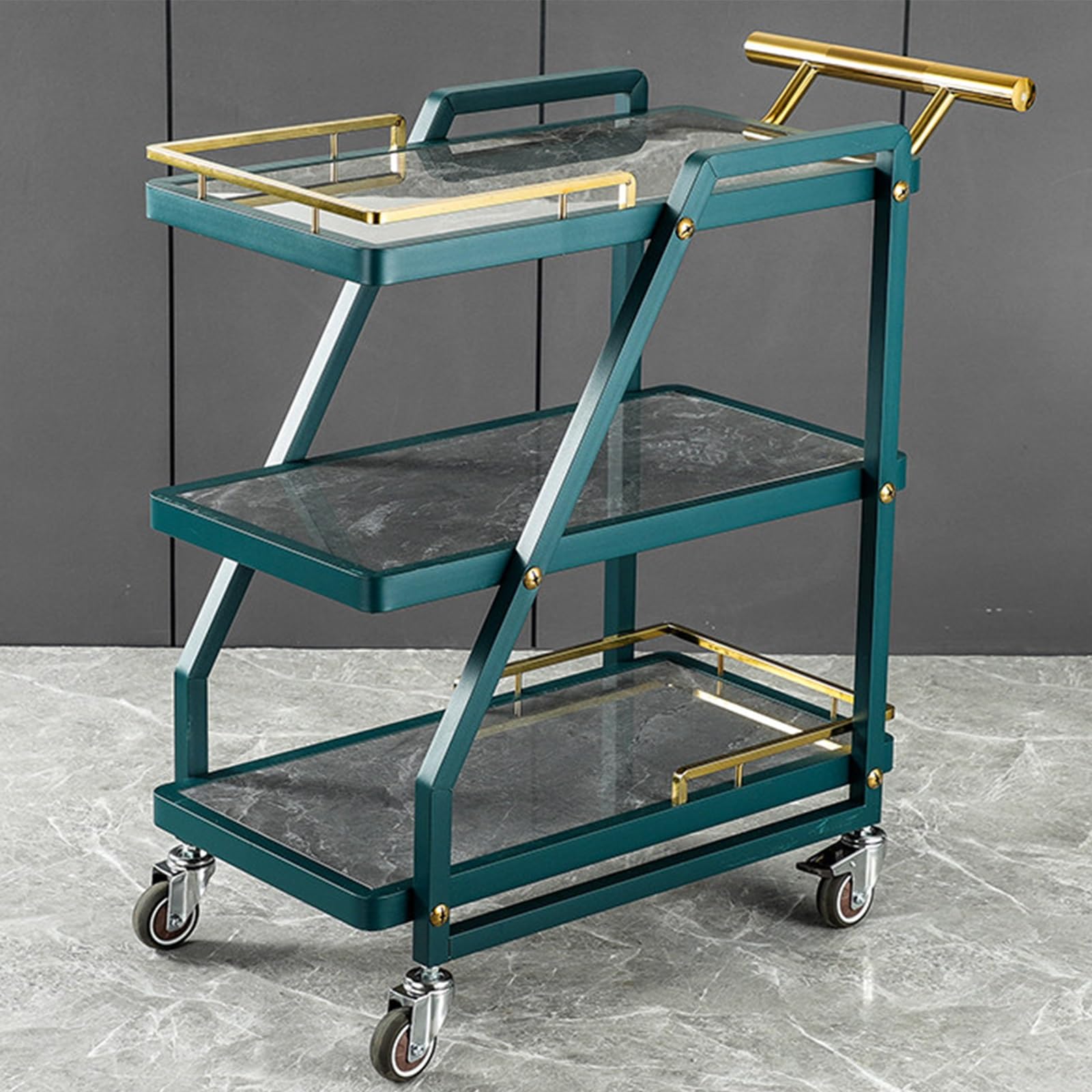 3 Tier Stainless Steel Rolling Serving Cart, Rock Panel Utility Trolley for Restaurant KTV Hotel Food Snack Drinks Transport(A)