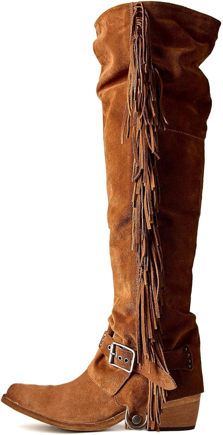Yolkomo Over The Knee Cowboy Boots for Women with Fringe Buckle Belts Chunky Heel