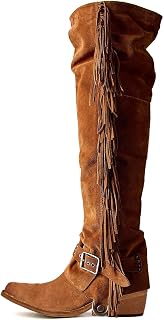 Yolkomo Over The Knee Cowboy Boots for Women with Fringe Buckle Belts Chunky Heel