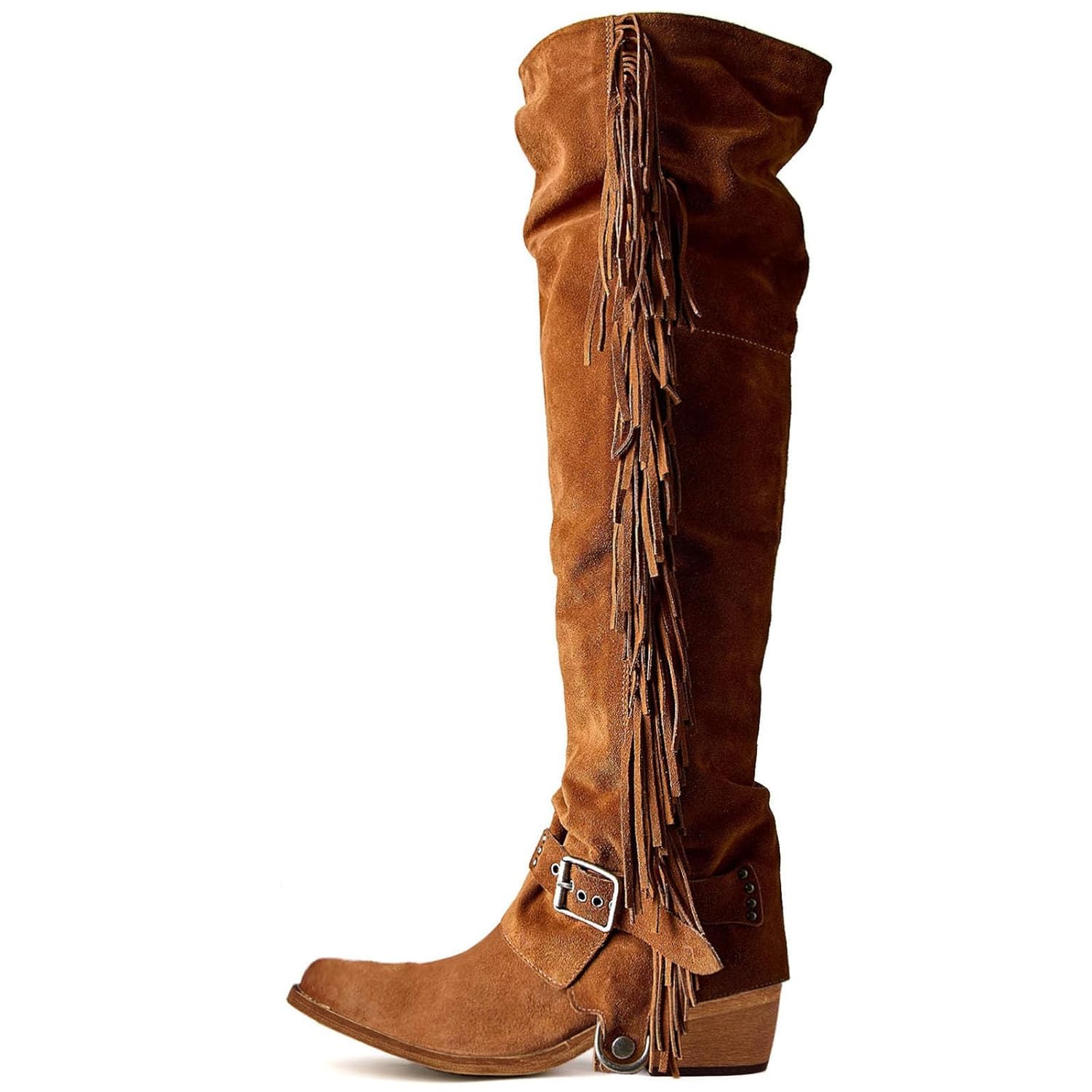 Yolkomo Over The Knee Cowboy Boots for Women with Fringe Buckle Belts Chunky Heel