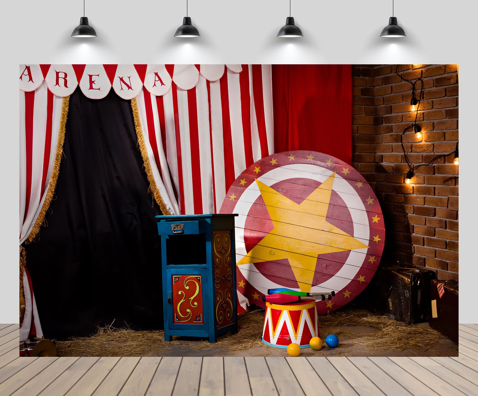 chnywork 7x5ft Carnival Backdrop Circus Backstage Brick Old Circus Arena Interior Red Stripped Curtain Background Carnival Games Theme Party Decor
