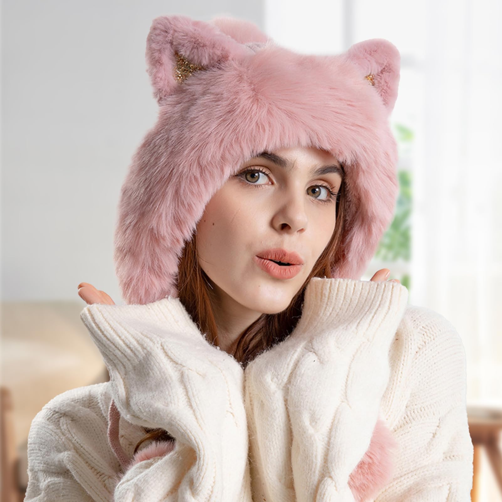 Fluffy Cat Ear Beanie Hats for Women Pompom Knit Skull Cap Winter Outdoor Warm Fleece Lined Earflaps Snow Hat