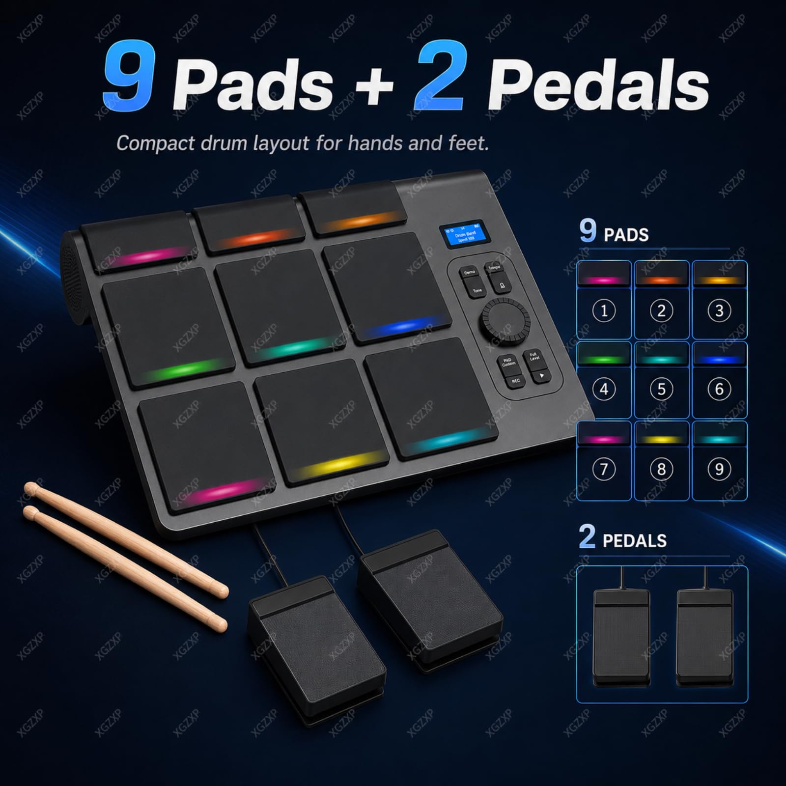 Batería electrónica 9 almohadillas, kit eléctrico portátil con 2 pedales, sensor de velocidad inteligente, altavoces estéreo duales, edición midi para práctica en casa y juego silencioso