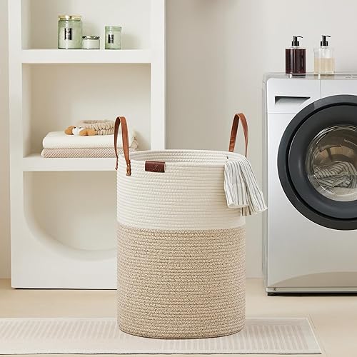 Miniatura 7 de VIPOSCO Cesta alta para ropa sucia, cesta grande para ropa sucia con mango de cuero, cesta de almacenamiento de cuerda tejida para manta, juguete en