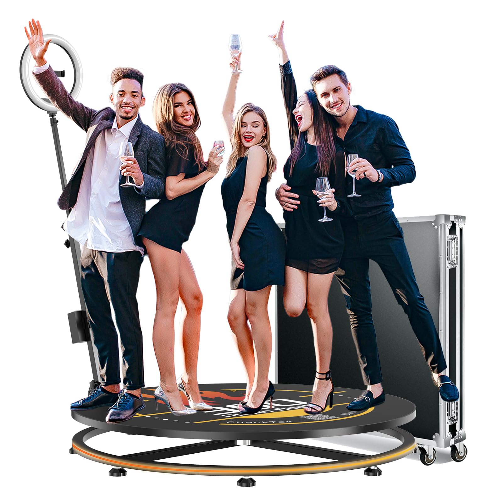 100CM Photo Booth 360 mit Flightcase Ringlicht, Kostenlose Logo-Anpassung&VIP-Software, Automatische 360 Fotobox Selfie Photo Booth mit RGB Streifenlicht für Party Hochzeit Rental 4-5 Personen