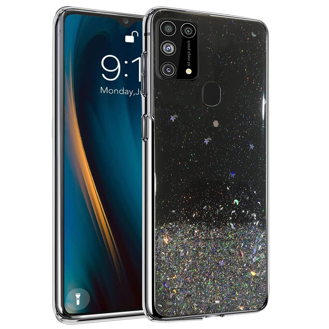 Vonzee® Glitter Case Compatible with Samsung Galaxy M31 / F41 / M31 Prime, Non Moving Glitter Stars Cover Soft TPU + Hard PC Bumper Bling Cover for Women Girls Protective Shockproof Phone Case (Black) (B0B14VDQJ2) Amazon Price History, Amazon Price Tracker