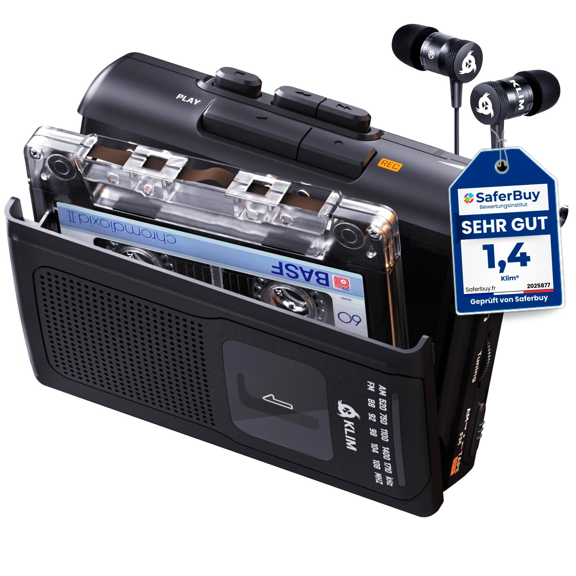KLIM K8 Kassettenspieler - Kassettenrekorder - NEU Cassette Player - AM/FM Kassettenradio - Eingebautes Mikrofon & Lautsprecher - Kopfhöreranschluss & Ohrhörer - Schwarz
