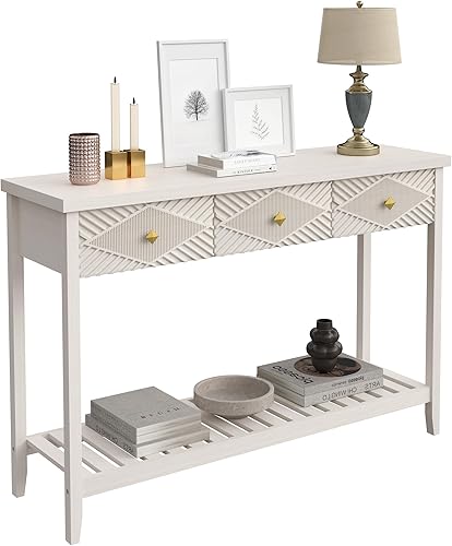 Mesa consola de 47 pulgadas con 3 cajones, mesa de entrada de madera estriada con estante de almacenamiento, mesa de sofá larga estrecha moderna