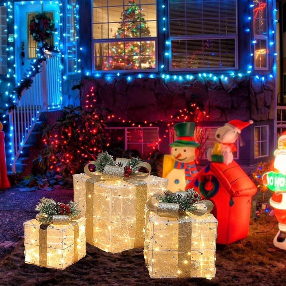 Set di 3 scatole traslucide per esposizione di luci natalizie, per decorazioni da giardino e casa, colore: rosso e bianco