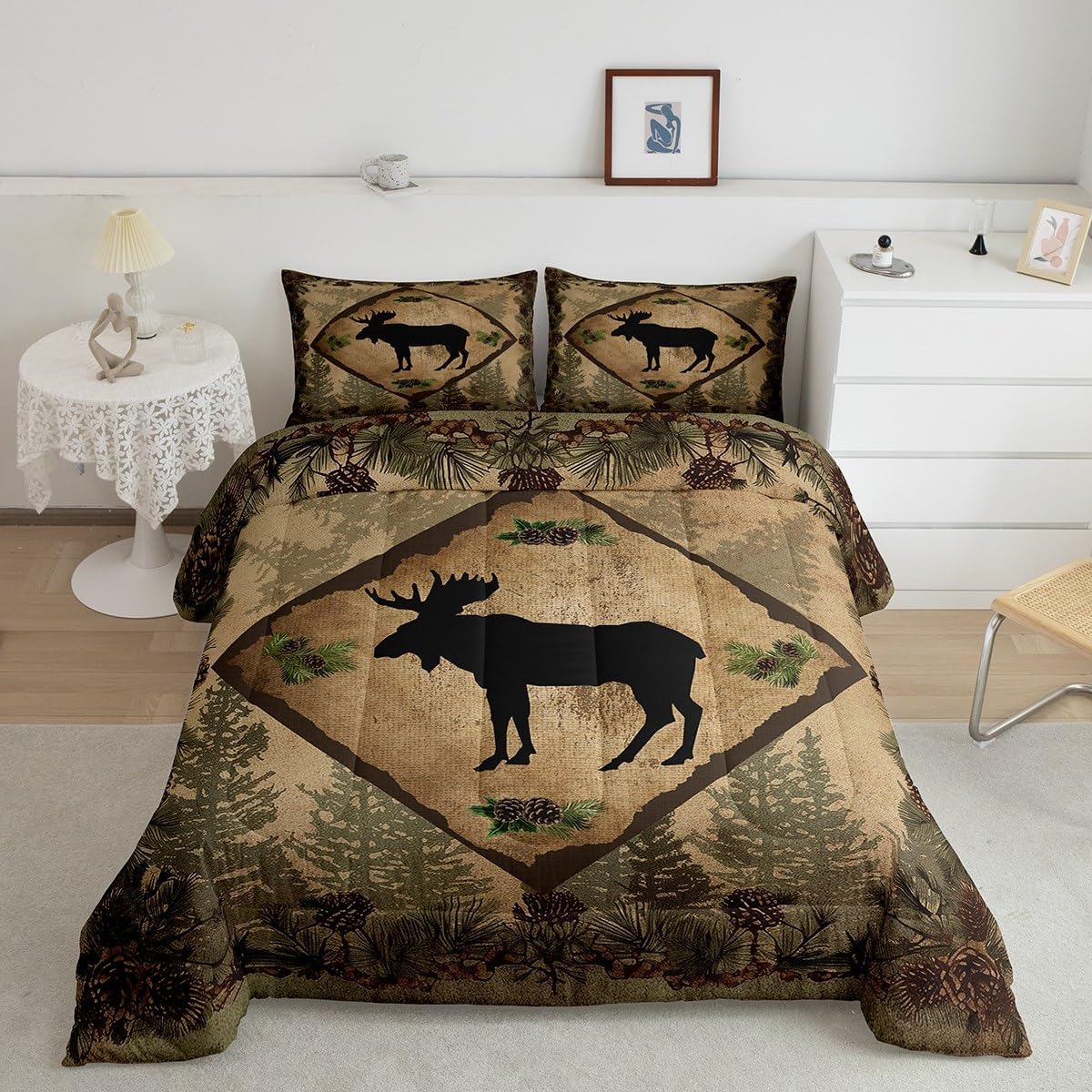Moose Silhouette Decor Comforter Set Queen Size 3 Pcs Green Jungle Pine Trees Cones Bedding Comforter for Kids Teens Adults Vintage Plaid Lodge Cabin Quilt Duvet Set with 2 Pillowcases - Image 3