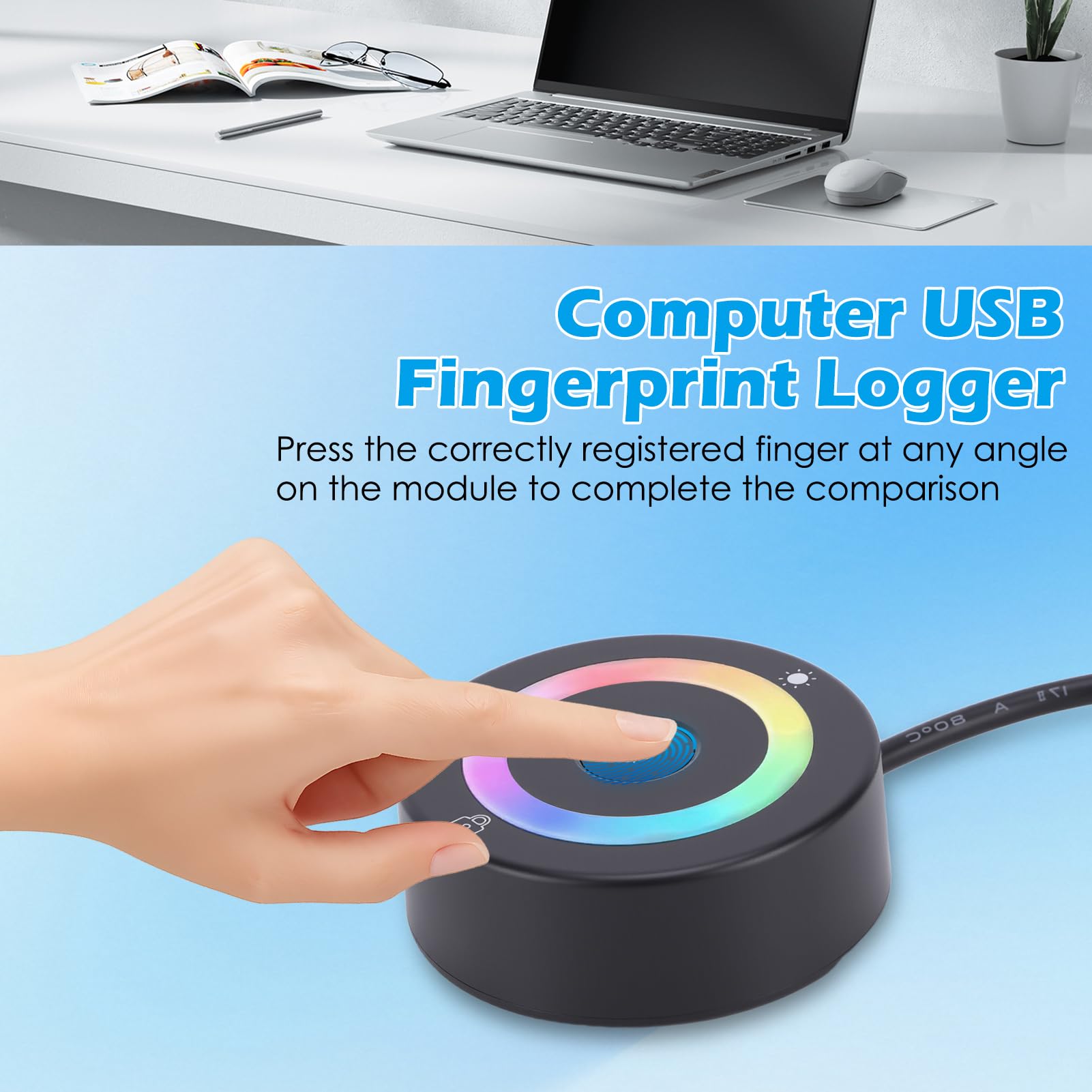 Computer USB Fingerabdruck Logger, mit farbwechselnden Lichtern, Kapazitive Fingerabdruck-Erkennungssoftware-Sperre mit farbwechselnden Lichtern beim Einschalten, kompatibel mit Windows 10/11