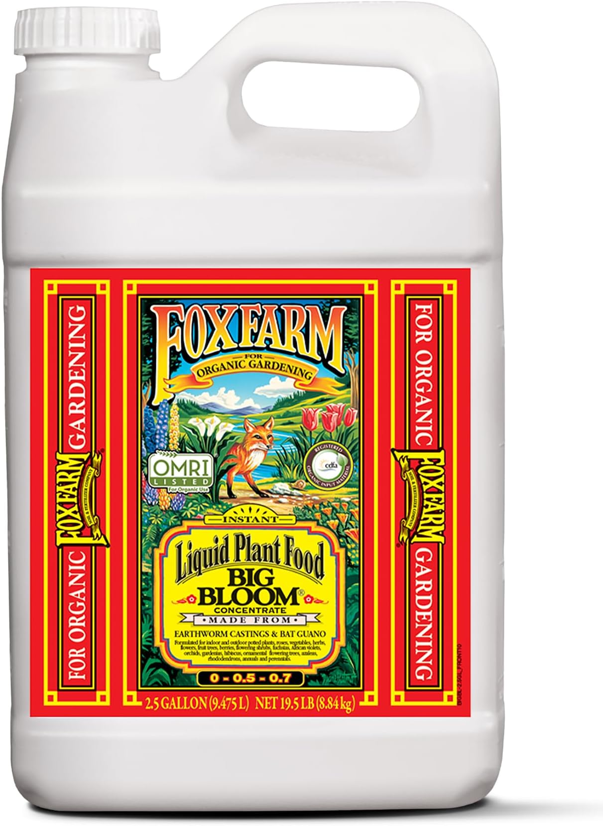 Fox Farm Big Bloom Liquid Plant Food - Organic Bloom Fertilizer for Flowering & Fruiting Plants, Contains Earthworm Castings & Bat Guano - Supports All Stages of Plant Growth - 0-0.5-0.7 NPK,2.5Gallon