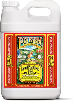 Fox Farm Big Bloom Liquid Plant Food - سماد عضوي للنباتات المزهرة والمثمرة، يحتوي على مصبوبات ديدان الأرض وذرق الخفافيش - يدعم جميع مراحل نمو النبات - 0-0.5-0.7 NPK، 2.5 جالون