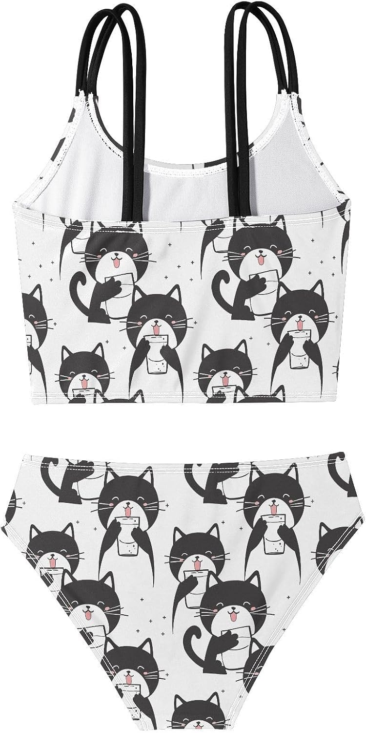 visesunny Girls Two Piece Swimsuits Happy Drinking Black Cat Girl's Bikini Sets Bathing Suits for Girls Size 5-12Y