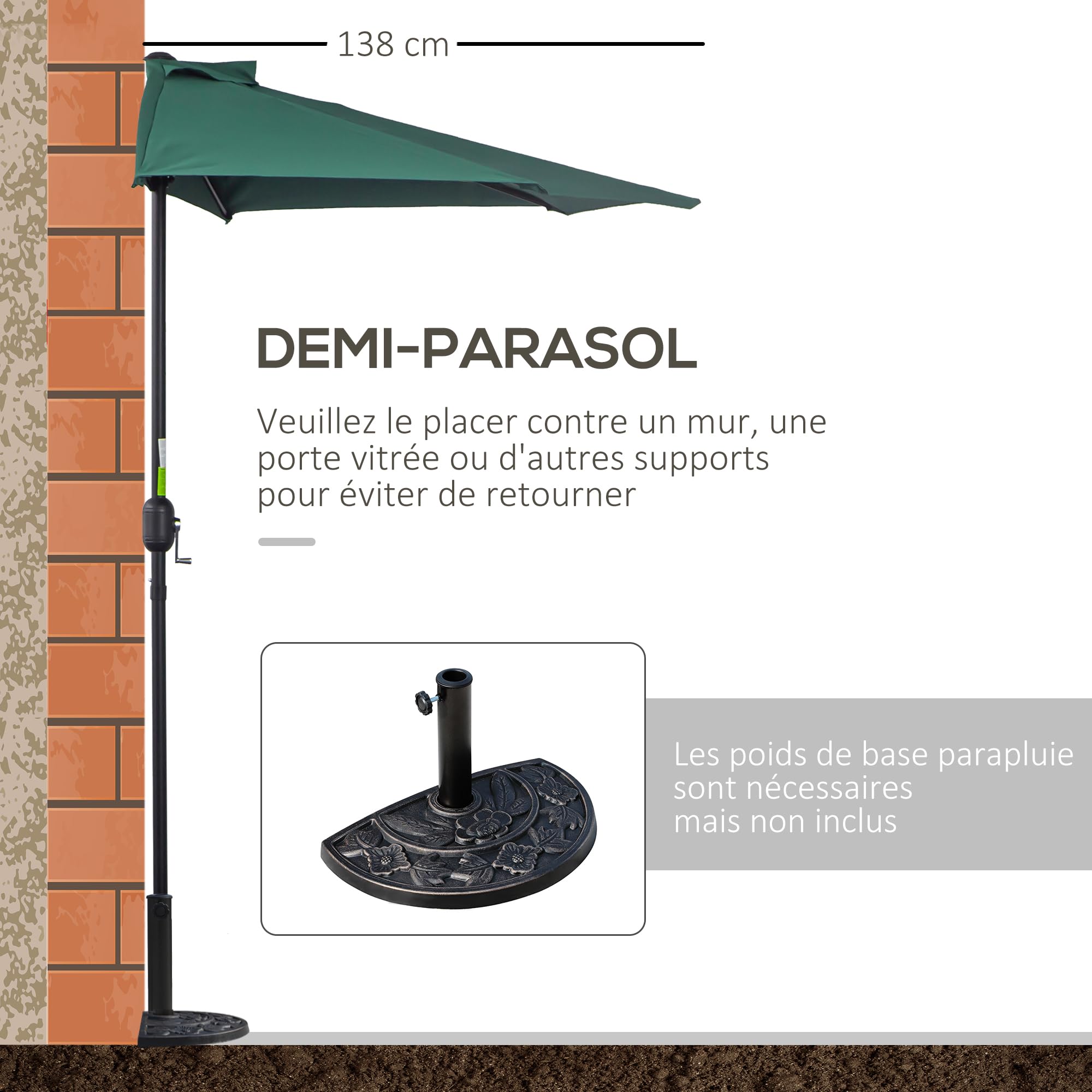 Outsunny Demi-Parasol Ø 2,7 m parasol de balcon 5 entretoises métal polyester