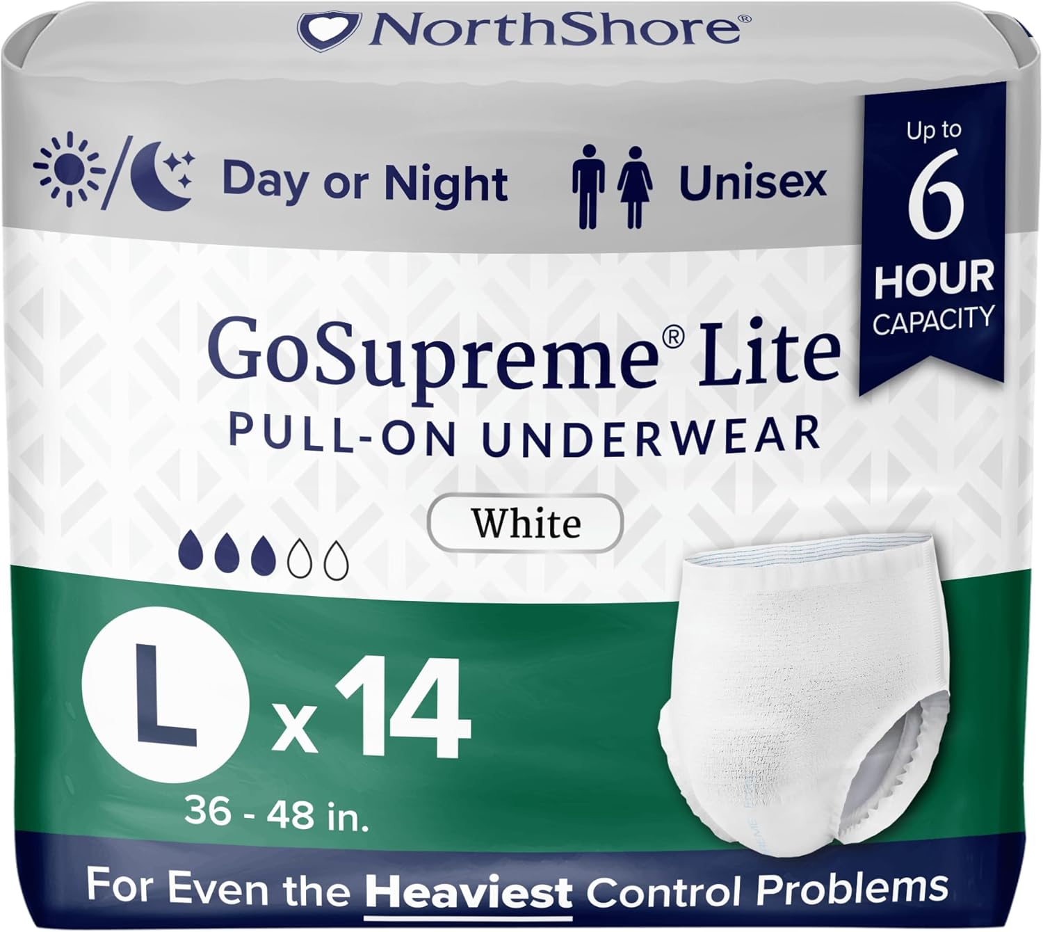 NorthShore GoSupreme Lite Incontinence Underwear, 6-Hour Pullup Style, Large, 14 Count Bag, White, 36-48 inches, Unisex Adult Diapers
