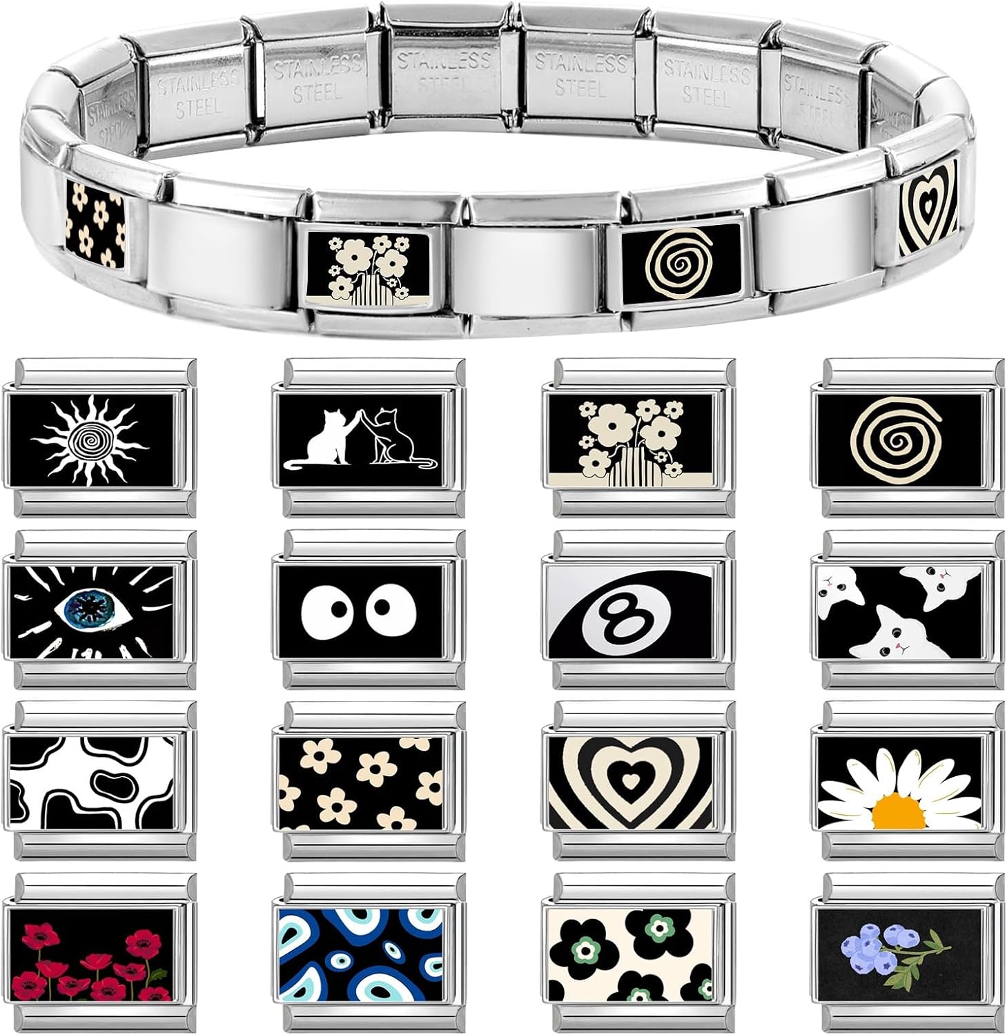 papasgix Italian Charm Bracelet Charms Silver Set with Starter Brascelet 20pcs Black Assorted Italian Charms for Bracelets and Opening Tool 9mm Modular Italian Charm Bulk Pack Links Handmade DIY Jewelry