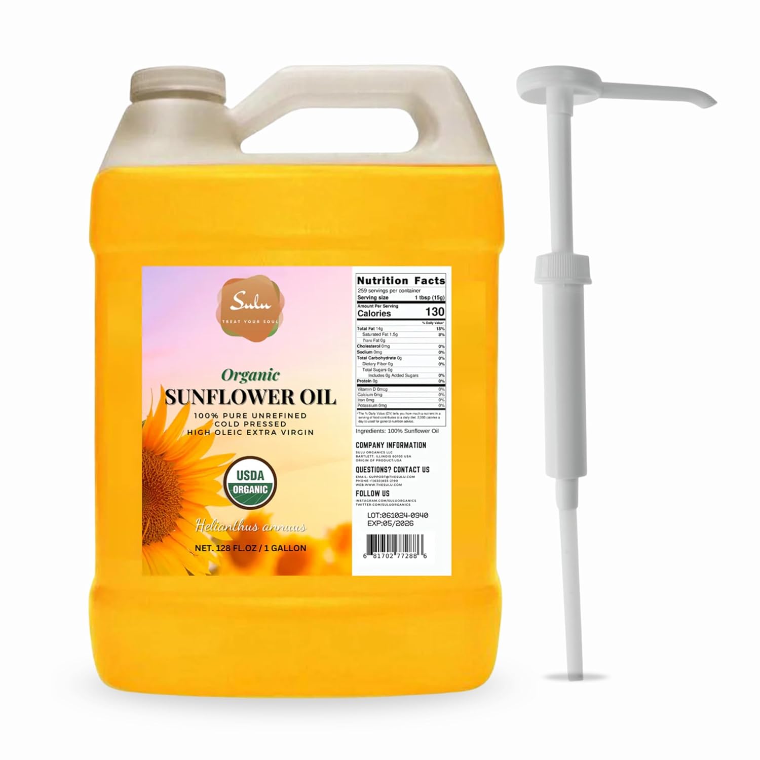 100% Pure Certified Organic Extra Virgin High Oleic Sunflower Oil- 1 Gallon/128 fluid ounces