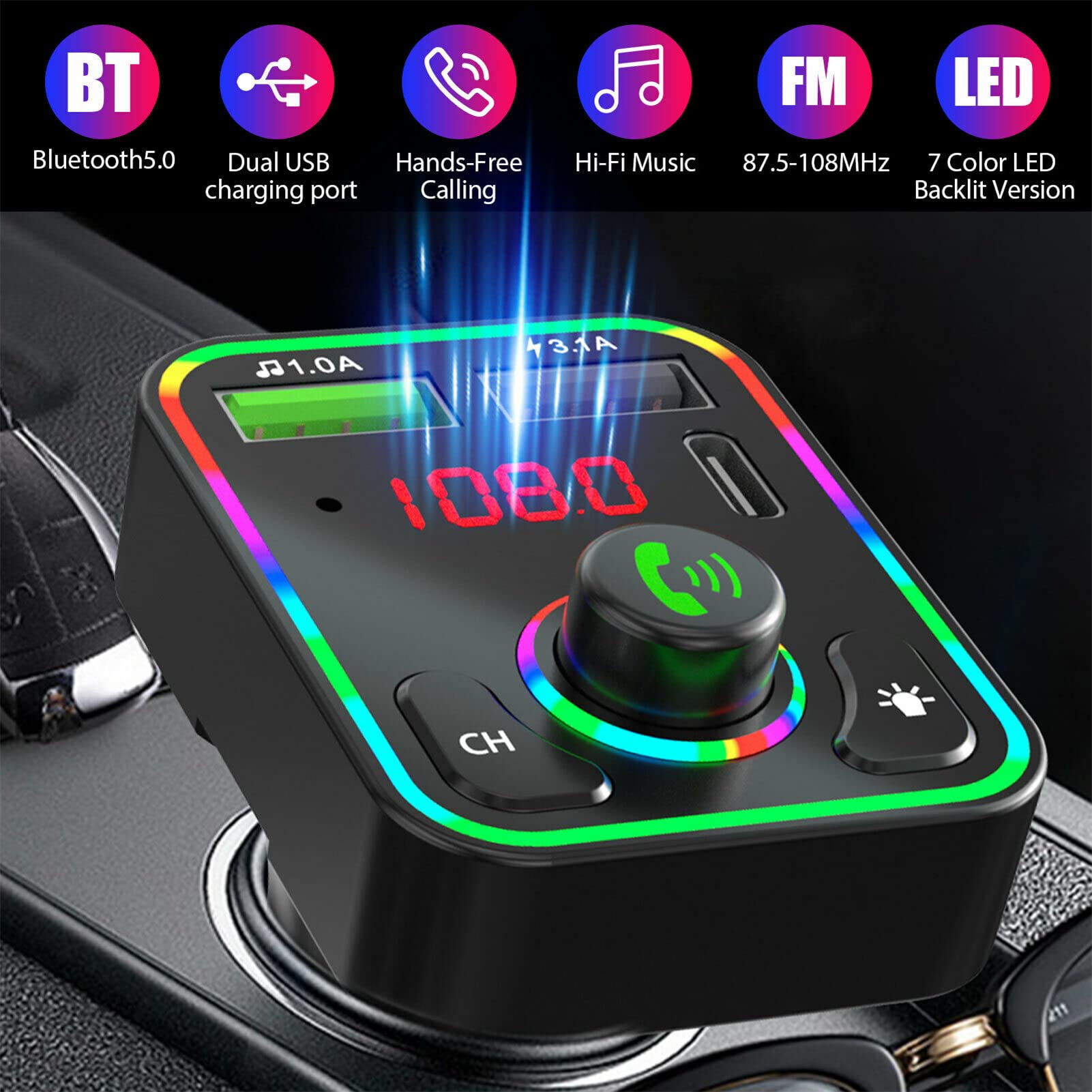 Auto-Audio Bluetooth Controller, odtwarzanie MP3 na telefonie, bezprzewodowy transmiter Fm, moduł kontrolera Bluetooth 5.0, adapter USB + zestaw głośnomówiący + oświetlenie otoczenia LED