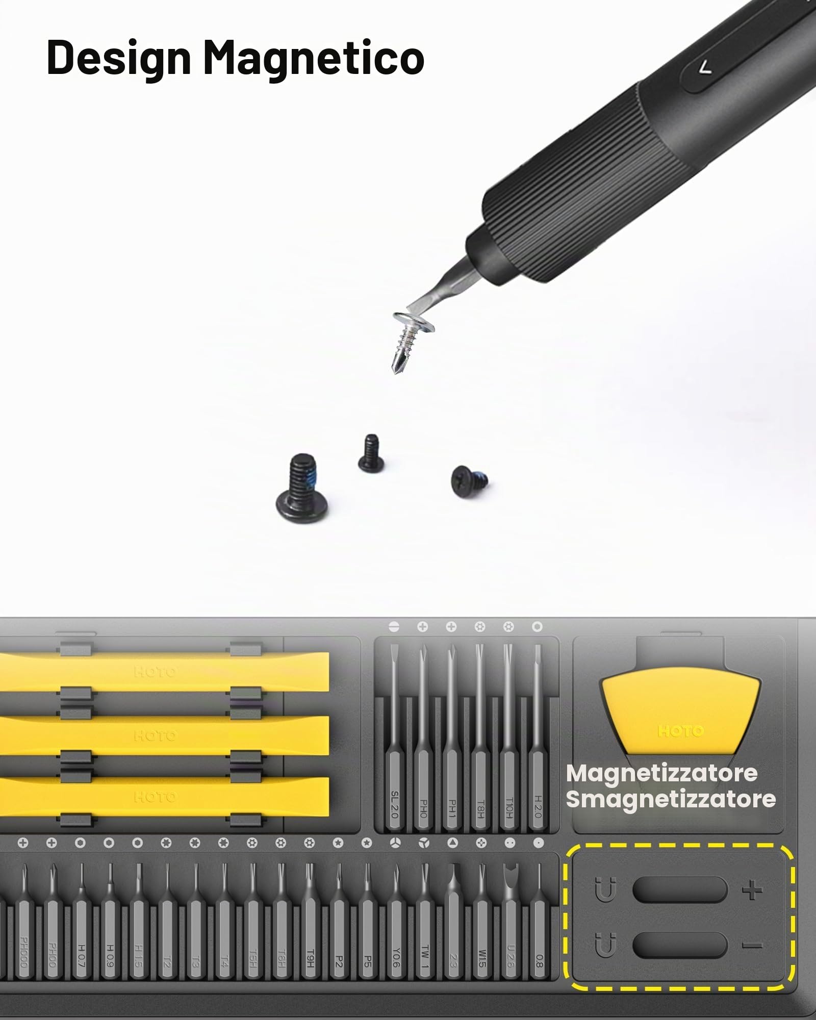 HOTO Set Cacciaviti Precisione, Base Verticale a 110°, Mini Cacciavite Elettrico con Base Ricarica, Coppia 0,05/0,2 N·m, Luce LED, 26 Punte +10 Strumenti Riparazione (Elettronici/Telefoni/Laptop) | Kit cacciavite ricaricabile con punte in acciaio S2, copp