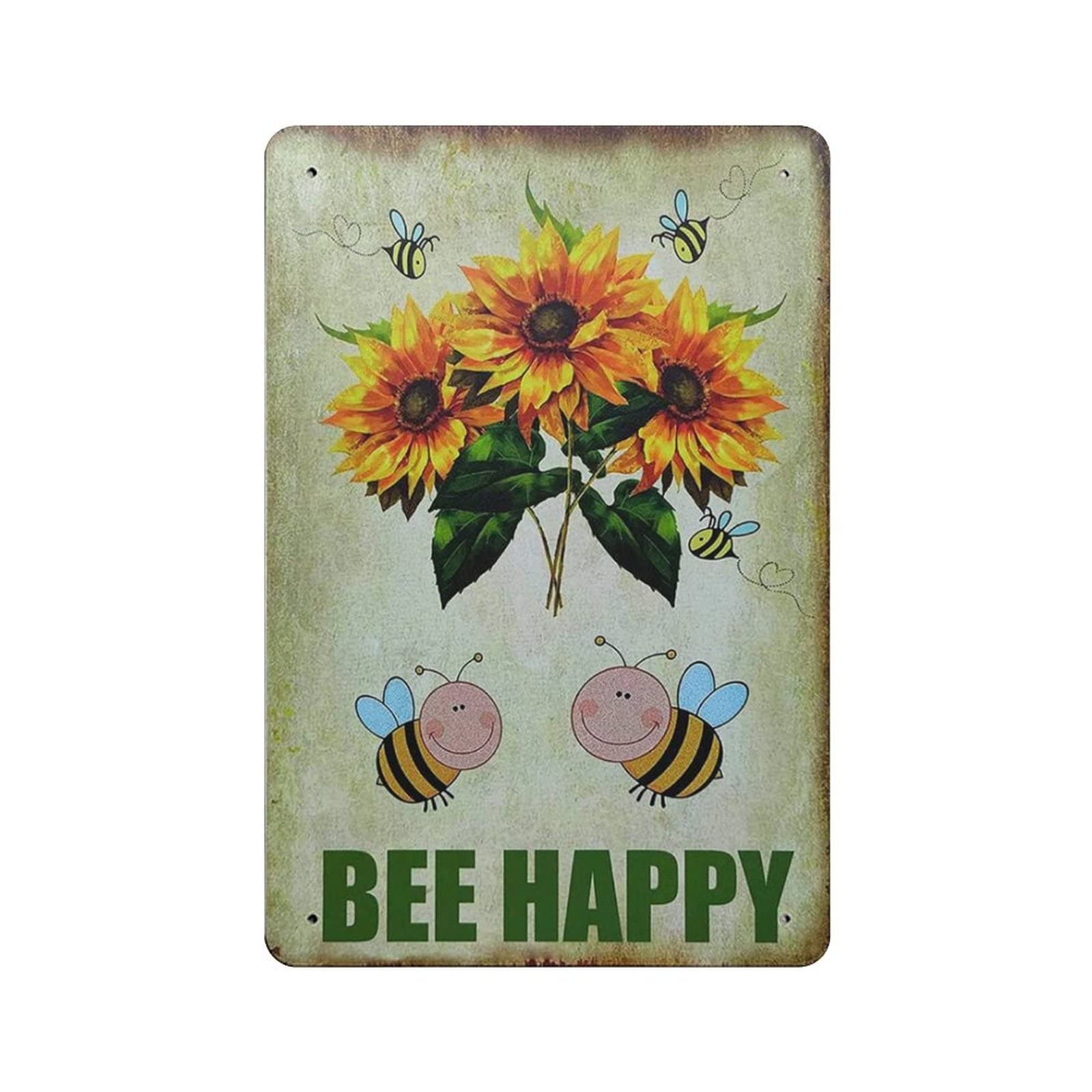 AOOEDM Bee Happy Vintage Metal Tin Sign for Home Coffee Shop Office Wall Art Metal Poster Garage Decor Man Cave Sign Inspirational Quote Wall Decor