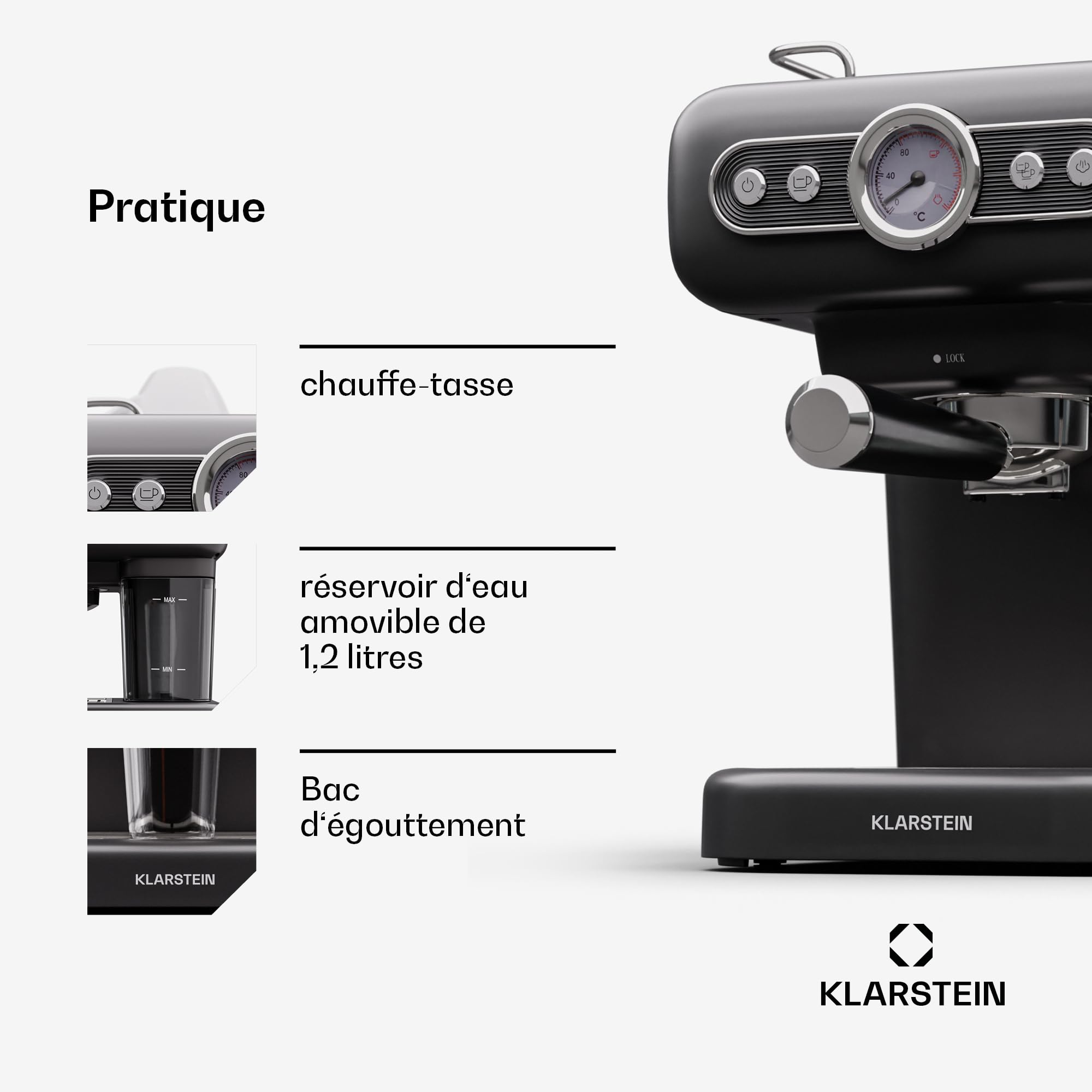 KLARSTEIN machine à expresso porte-filtre avec mousseur à lait, mini machine à expresso rétro 1,2 L avec porte-filtre, petite à café 950 W, à café en acier inoxydable pour