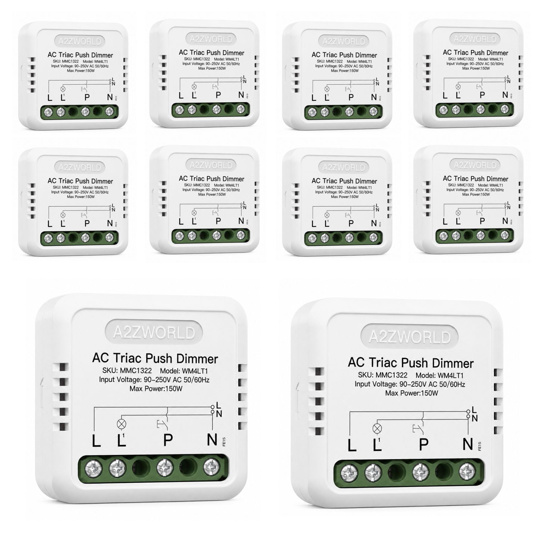 10 PCS Dimmer Triac a Pulsante 220V 150W, Comando Fase o Neutro, Regolabile 10-100%, Sincronizzabile, Memoria, Da Incasso e Barra DIN, Per Led Dimmerabile,40x40x18mm