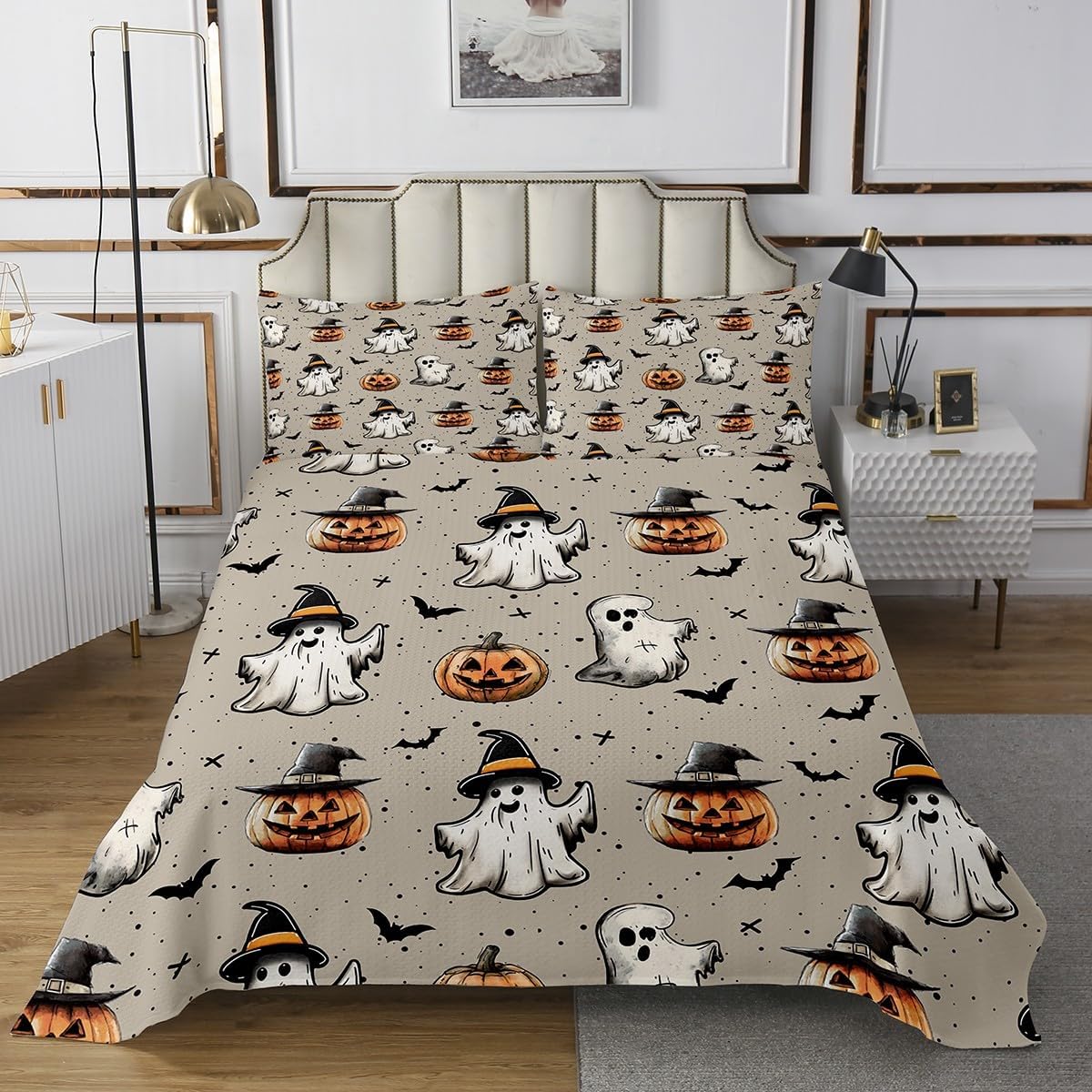 Cute Ghost Quilt Set Gothic Pumpkin Lantern Bedspread Set Bats Halloween Decoration Indoor Queen Size, Fall Leaves Coverlet Set Horror Silhouette Spooky Dark Shadows Quilted Cartoon Halloween Decor