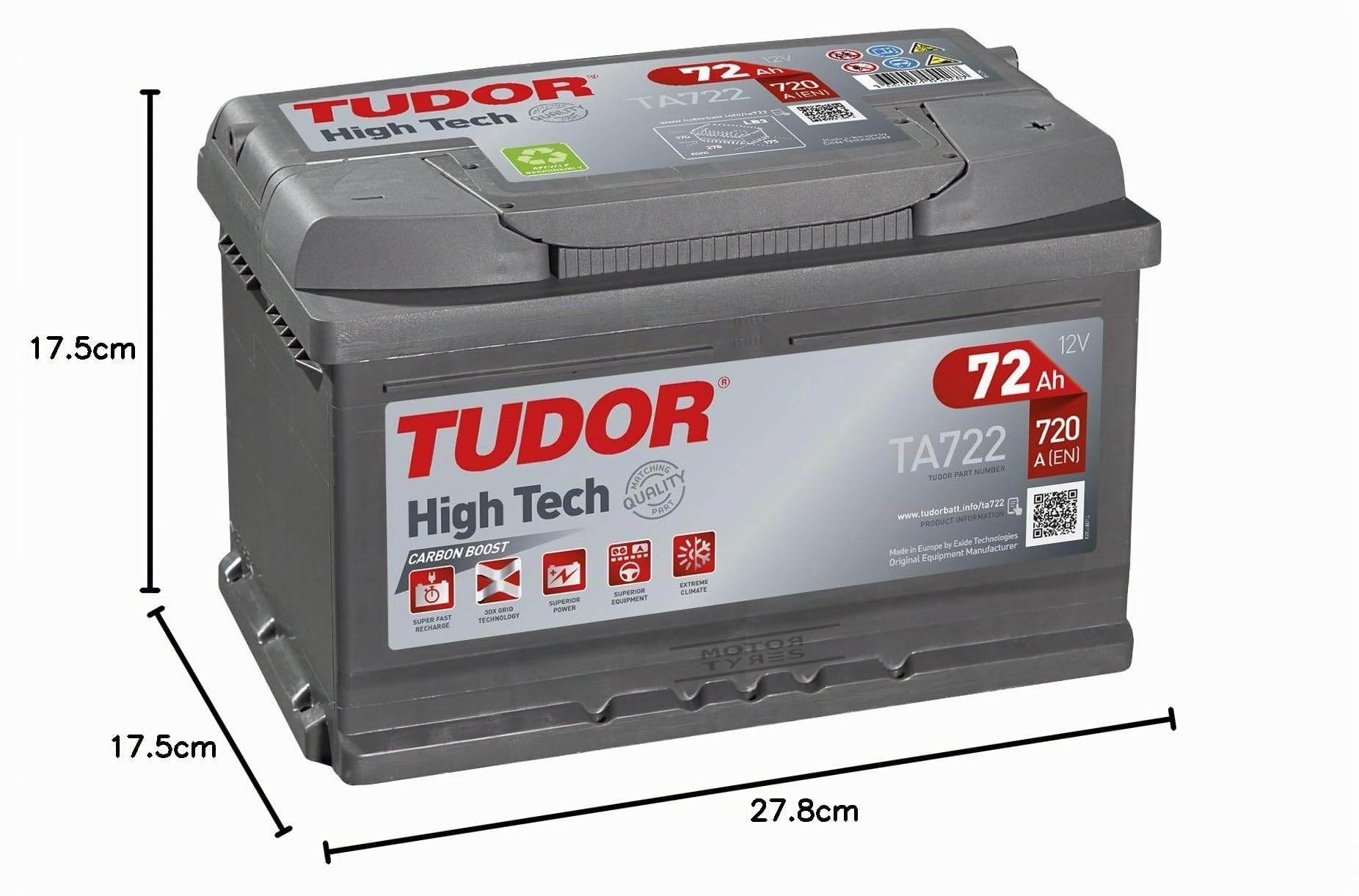 Tudor Exide HIGH-TECH - Batteria per auto da 72 Ah, 12 VDimensioni:278 x 175 x 175 mm.Morsetto positivo a destra.