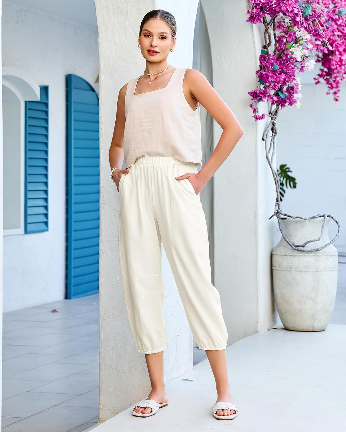 GRAPENT Capri Pants for Women Linen Barrel High Waisted Pull On Elastic Waist Casual Summer Capris Beach Vacation Pants - Image 5