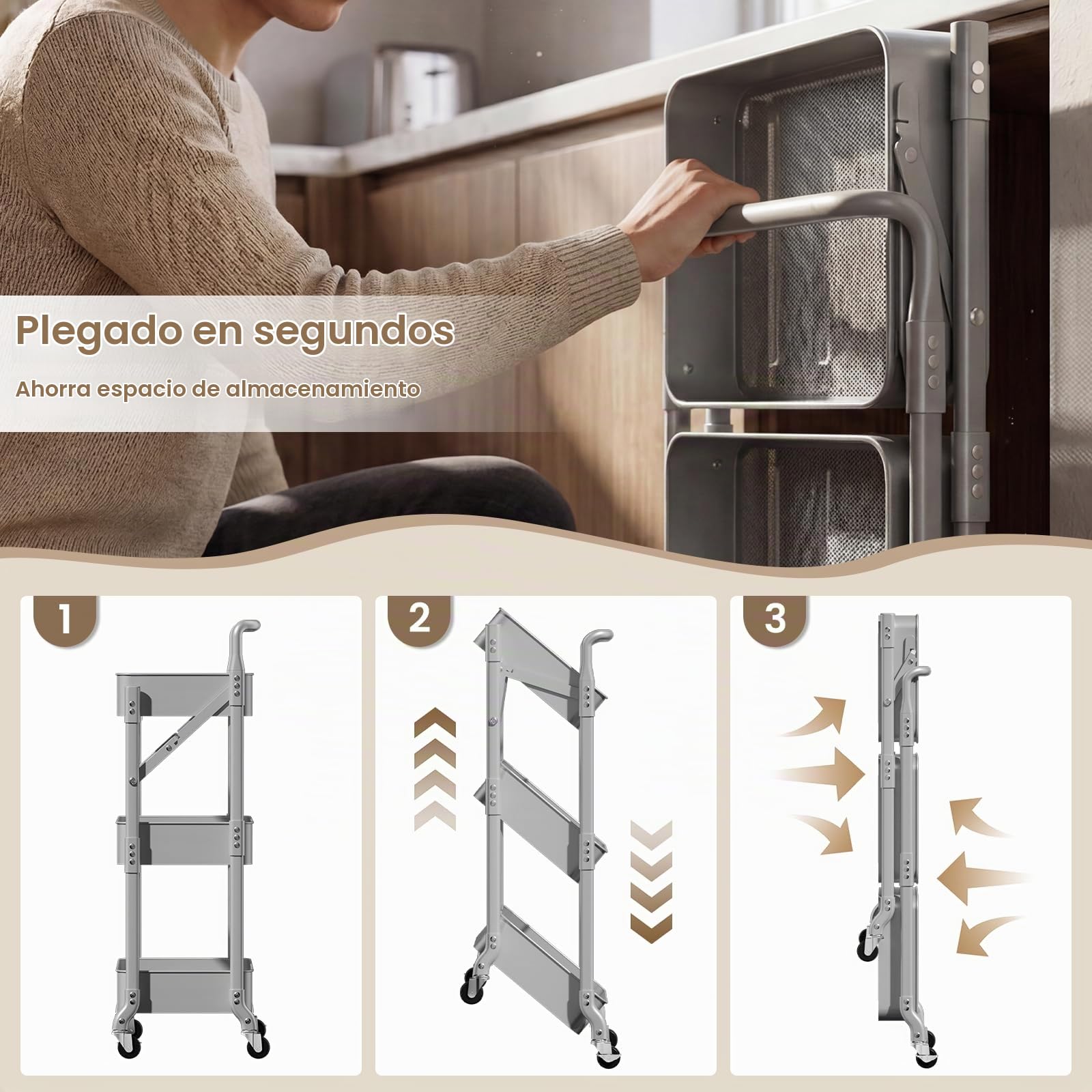 Plegable Carrito Auxiliar con Ruedas 3 Niveles ExtraíBle Estrecho Carro de Almacenamiento para Cocina Baño Jardin (Gris)