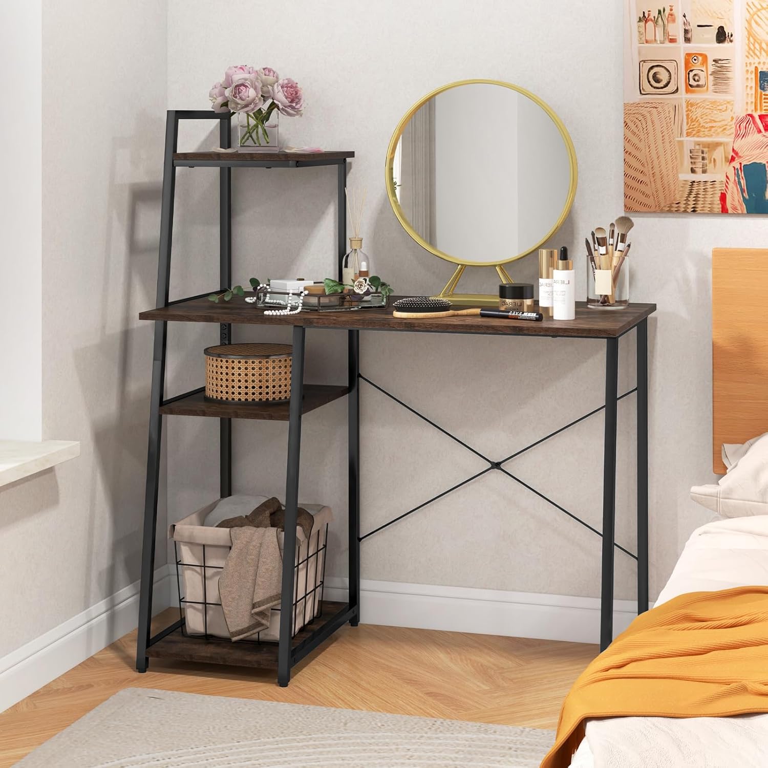 DORTALA Computer Desk, Compact Workstation with Shelves & X-Shaped Wood Study Desk with Bookshelf, Home Computer Desk, Brown