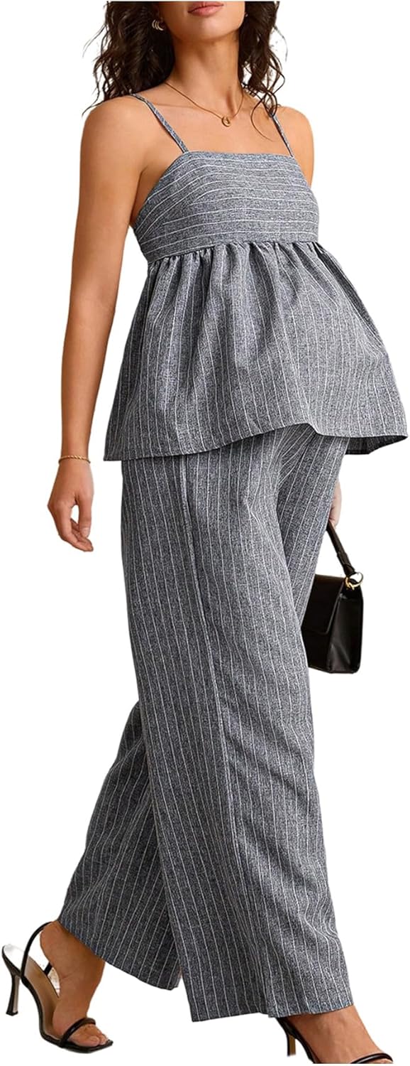 MakeMeChic Women's Maternity Two Piece Sets Striped Ruffle Tank Tops and Wide Leg Pants Going Out Outfits