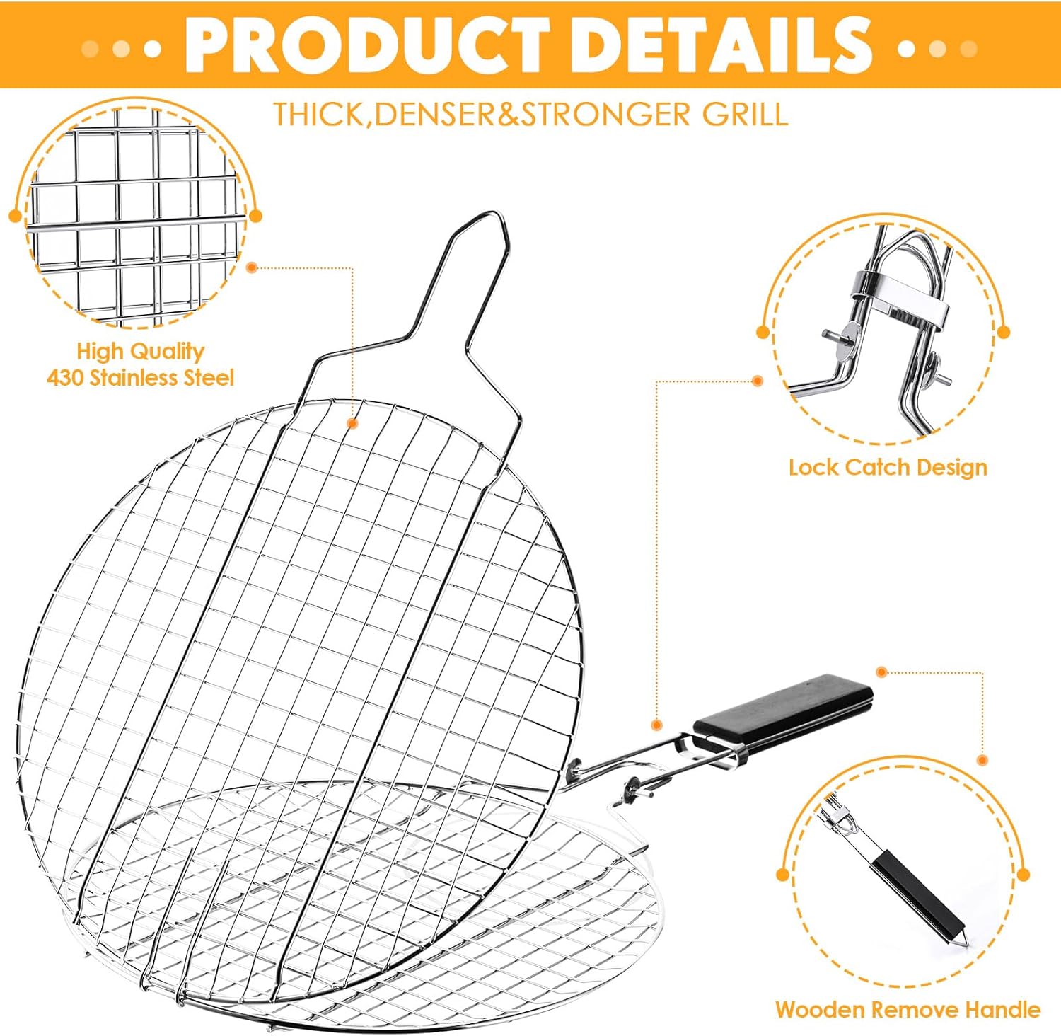 Yungyan 2 Pcs Round Grill Basket for Outdoor BBQ Fish 11'' Grilling Basket with Handle Stainless Steel Portable Rack for Vegetables Shrimp Steak Cooking Accessories Gift