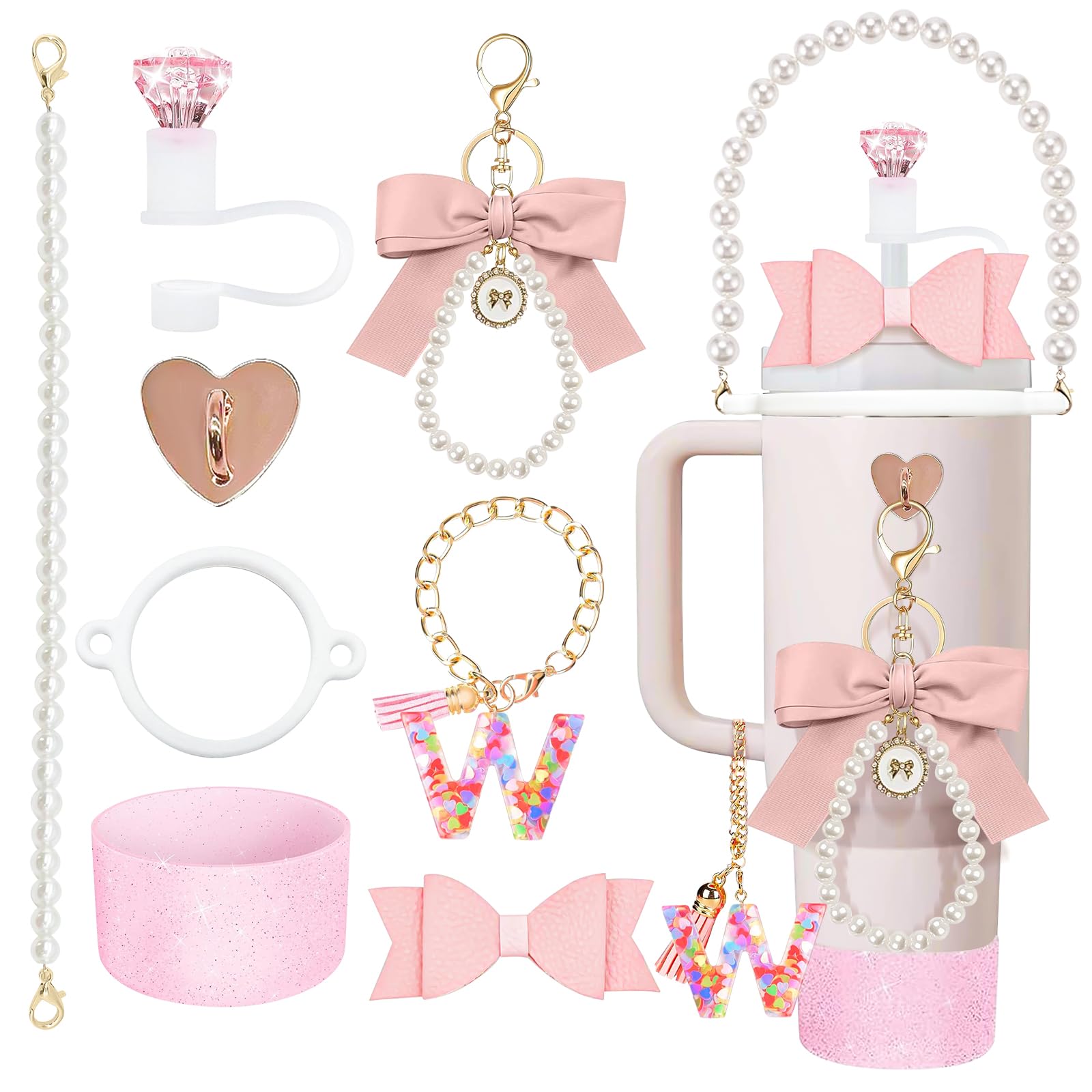 ANLABESY Compatibel met Stanley Cup Accessoires, 3 STKS Hot Pink Straw Toppers voor Stanley Cup Straw Cover Cap, 2 STKS Leuke Letter Charms voor Stanley 30 & 40 oz Tumbler met handvat