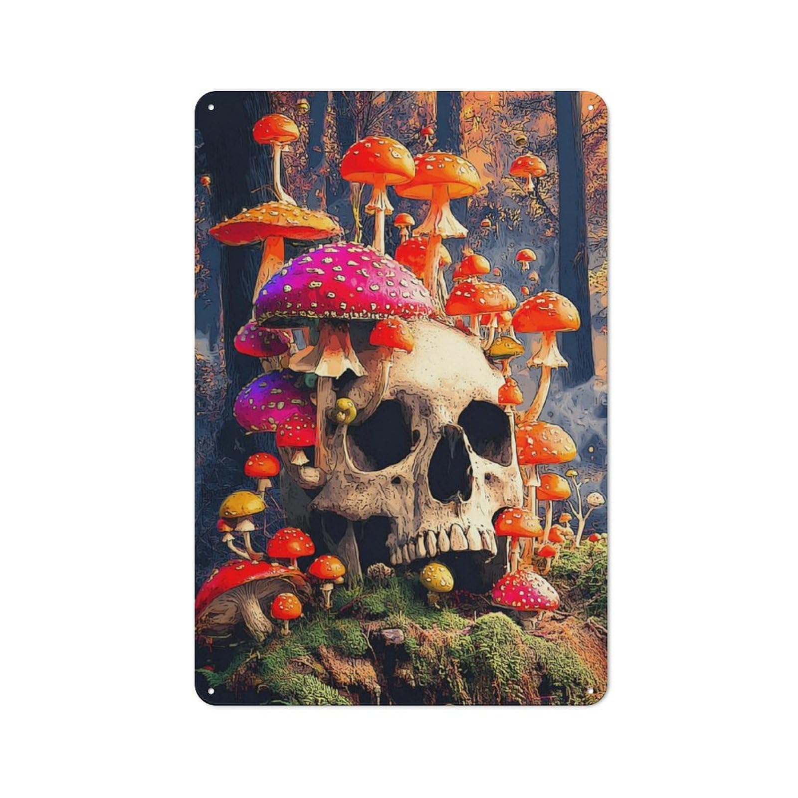 Junmoney Skull Surrounded By Colorful Mushrooms In For Shop Front Style Est Decorative Metal Plaque 30X20cm, Shop Wall Decor For Cafe, Bistro, Bakery Or Restaurant