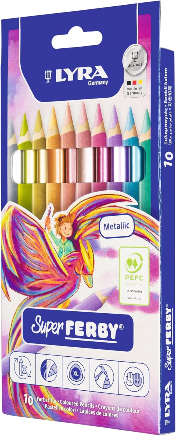 Lyra Super Ferby Metallic Wooden Colouring Pencils, Triangular, Varnished, Thick Core Colouring Pencils with 6.3 mm Lead Diameter, Cardboard Case, Assorted Metallic Colours, Pack of 10