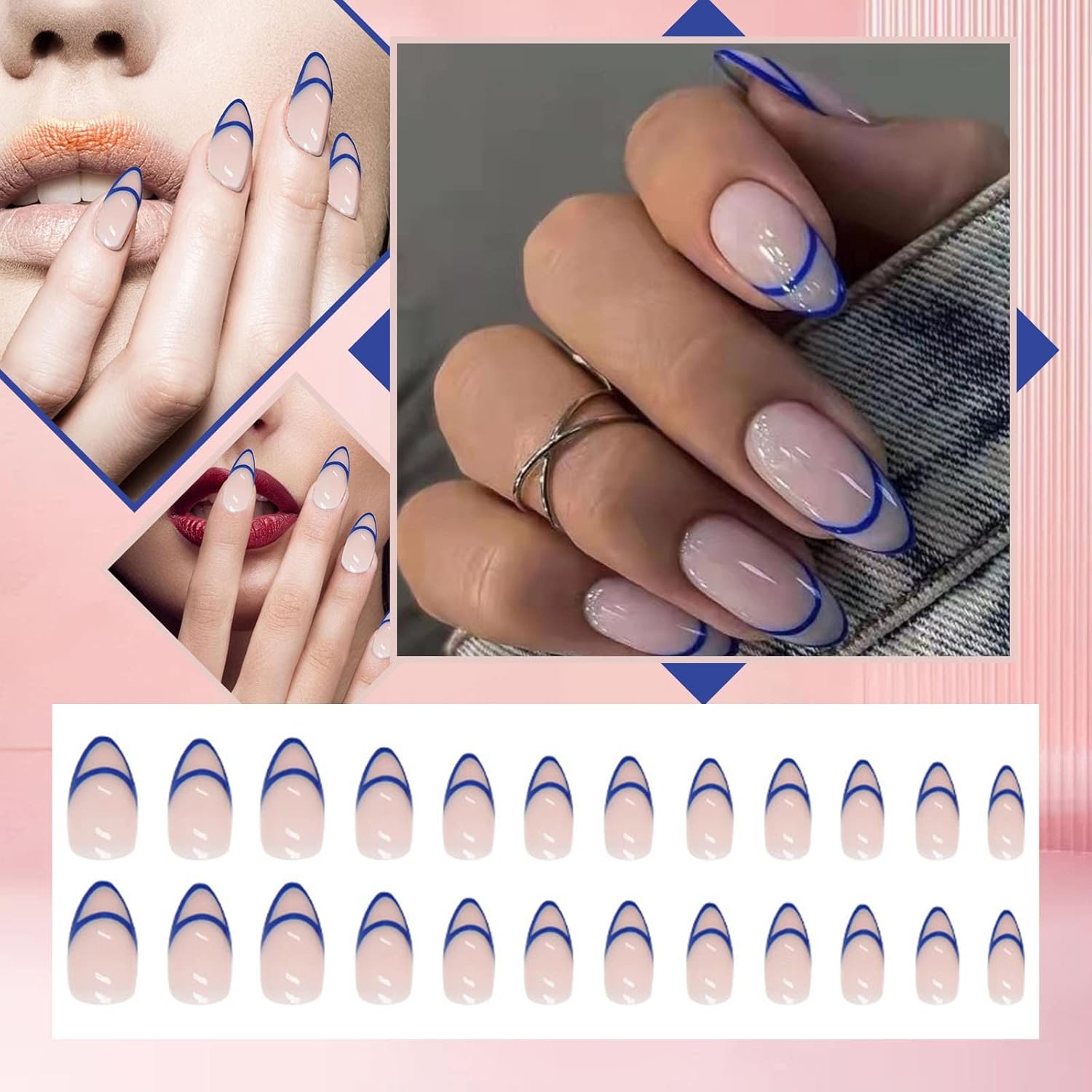 Short Almond Nail Patch Wearable Nail Patch Fake Nail Piece Finished Nail Patch Nail Piece Finished with Waterproof Adhesive 1ml Foil Transfer Kit : Beauty & Personal Care