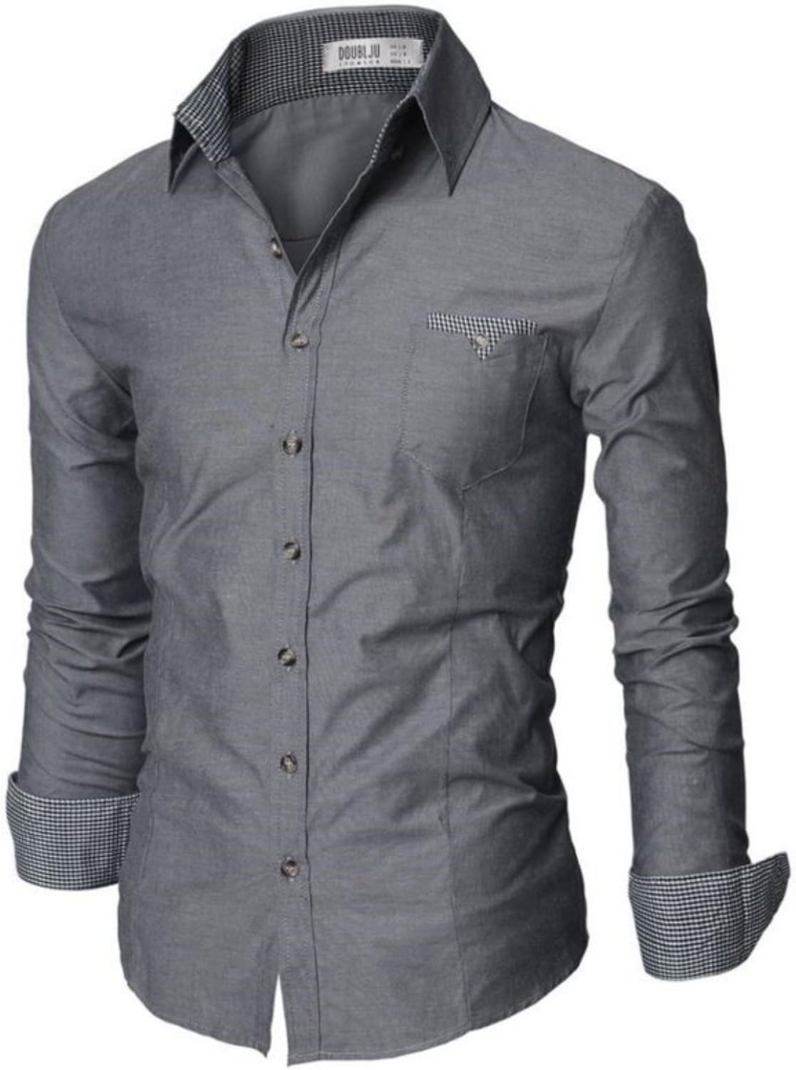 Doublju Mens Fitted Button Down Checkered Casual Shirt GRAY,2XL(US-XL)