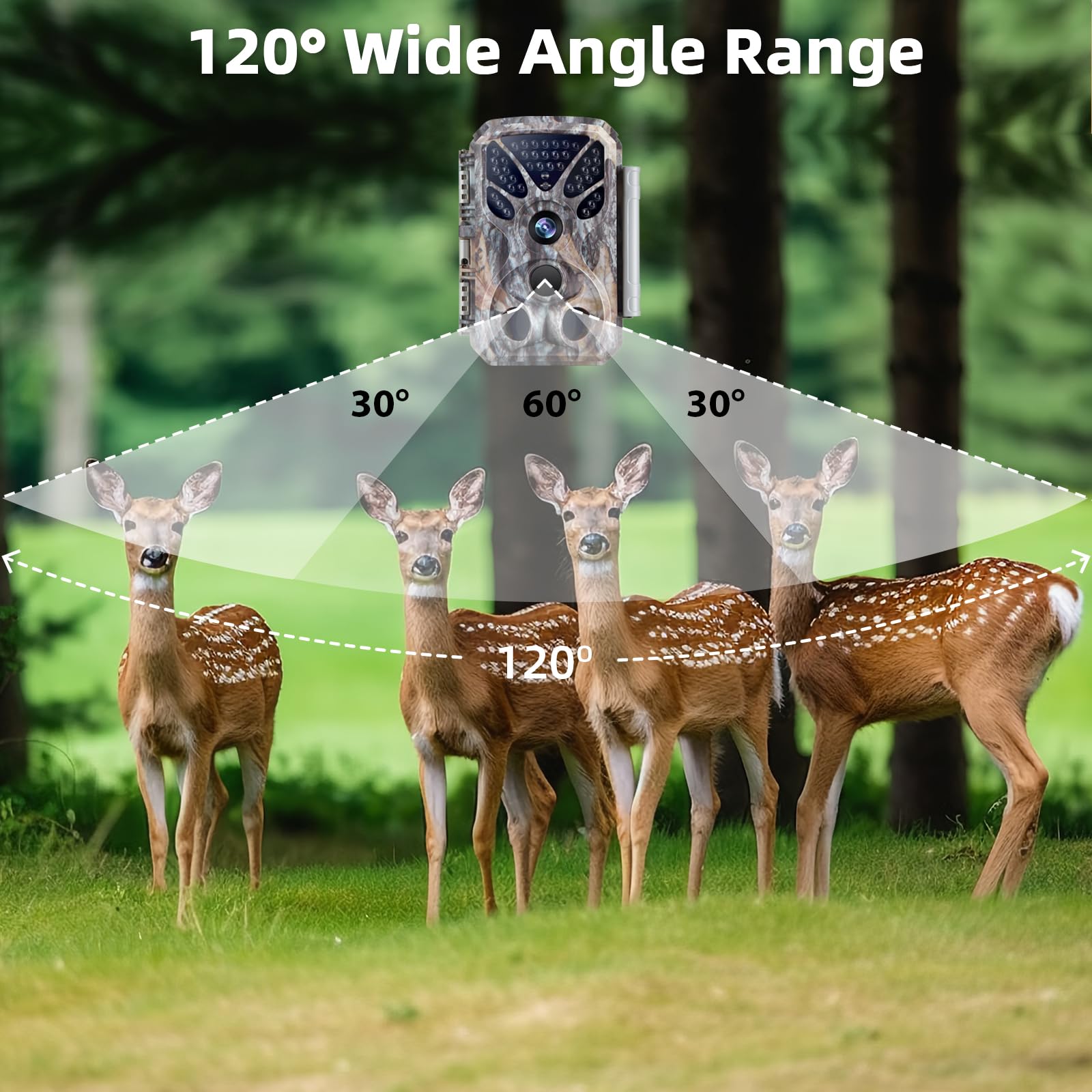 BlazeVideo 4K 64MP Wildkamera mit Bewegungsmelder Nachtsicht, 120° Weitwinkel Nachsichtkamera, 0,1s Schnelle Trigger Geschwindigkeit Wildkamera,IP66 wasserdicht