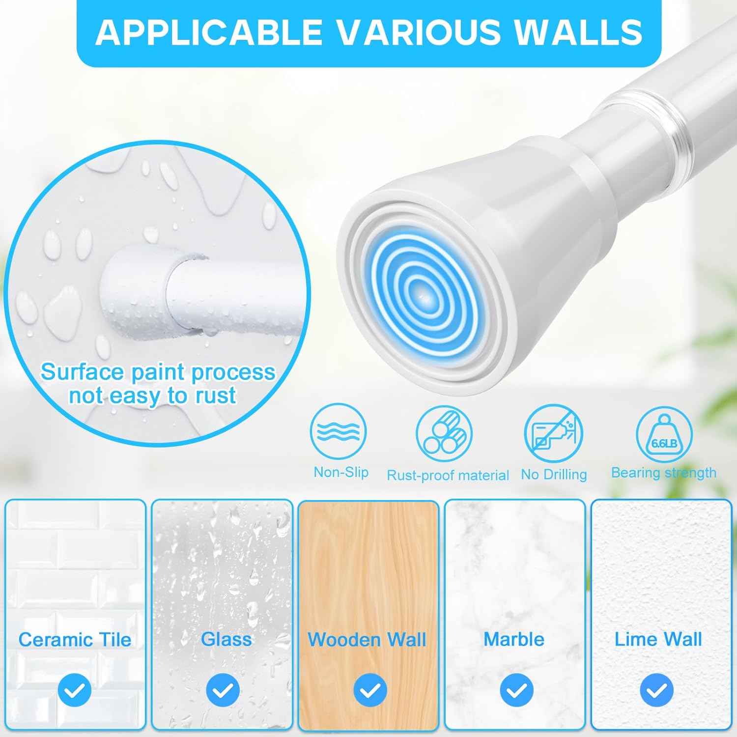 2Pack White Shower Curtain Rod 45 to 77 Inch,Shower Rods for Bathroom,Spring Tension Curtain Rod No Drilling for Windows Doors Closet Kitchen Wardrobe