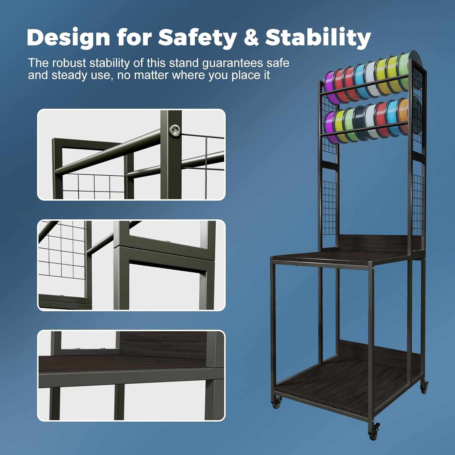 3D Printer Stand with Double Layer 3D Printer Filament Storage Rack, TR22 Heavy Duty Mobile Printer Table with Wheels for Studio Office Storage and Organization