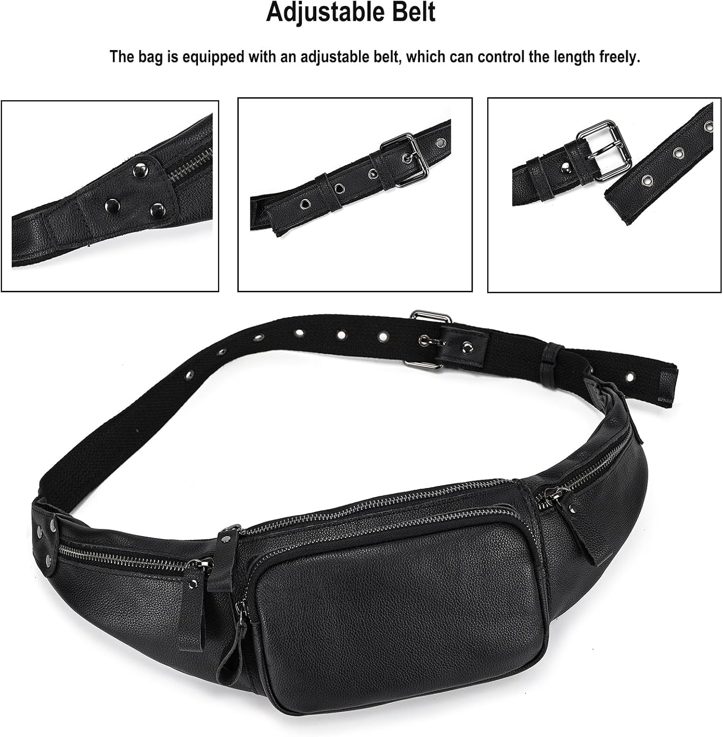 LUUFAN Leather Waist Bag for Men and Women, Outdoor Messenger Shoulder Satchel Crossbody Belt Bag with Multiple Pockets for Sport Climbing Hiking Running Travel and Daily Use (Black)