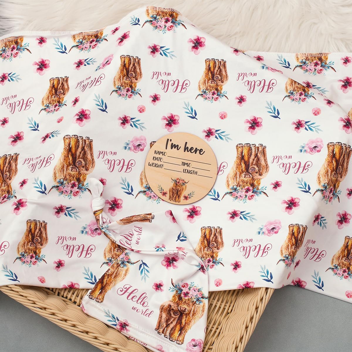 Ylsteed Baby Highland Cow Swaddle Blanket and Headband Set, Newborn Receiving Blanket Swaddle Wrap for Girls and Boys, Swaddling Blankets Neutral for Newborn 32 * 32 in (Highland Cow Pink)