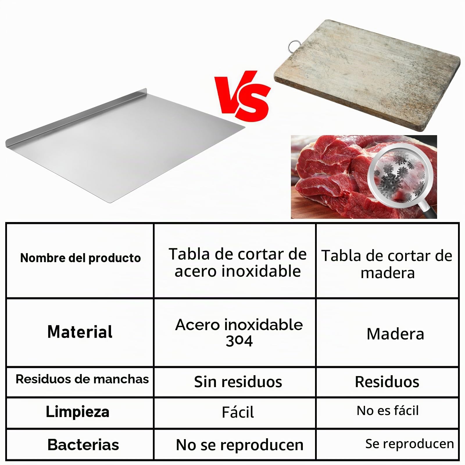 Tabla de cortar, de acero inoxidable pulido, resistente, para carne, queso, verduras, frutas, pasteles, extragrande, 60 x 40 cm