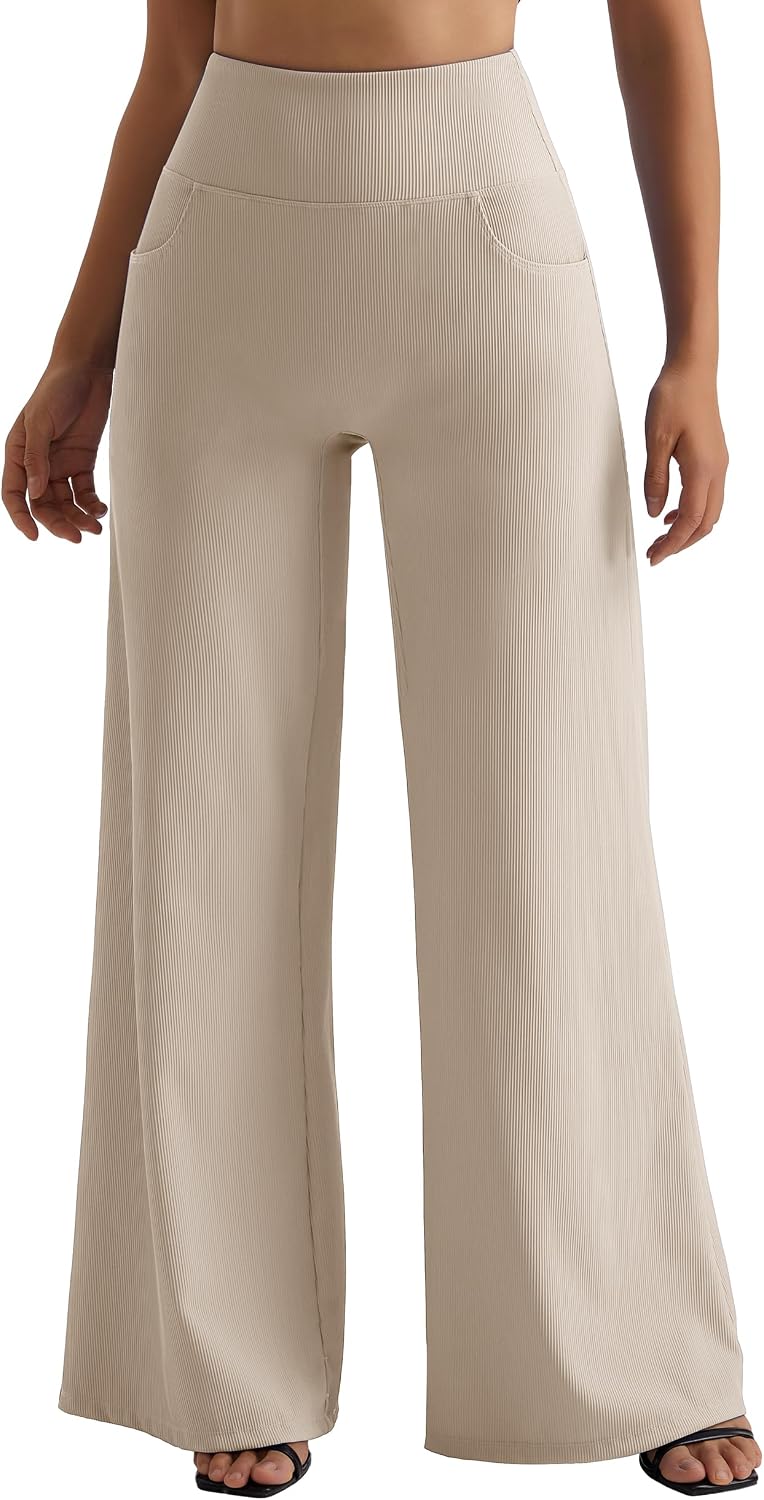 MOOSLOVER Women Wide Leg Yoga Pants with Pockets High Waisted Casual Lounge Pants Comfy Ribbed Loose Pants(M,Khaki-with Pockets)
