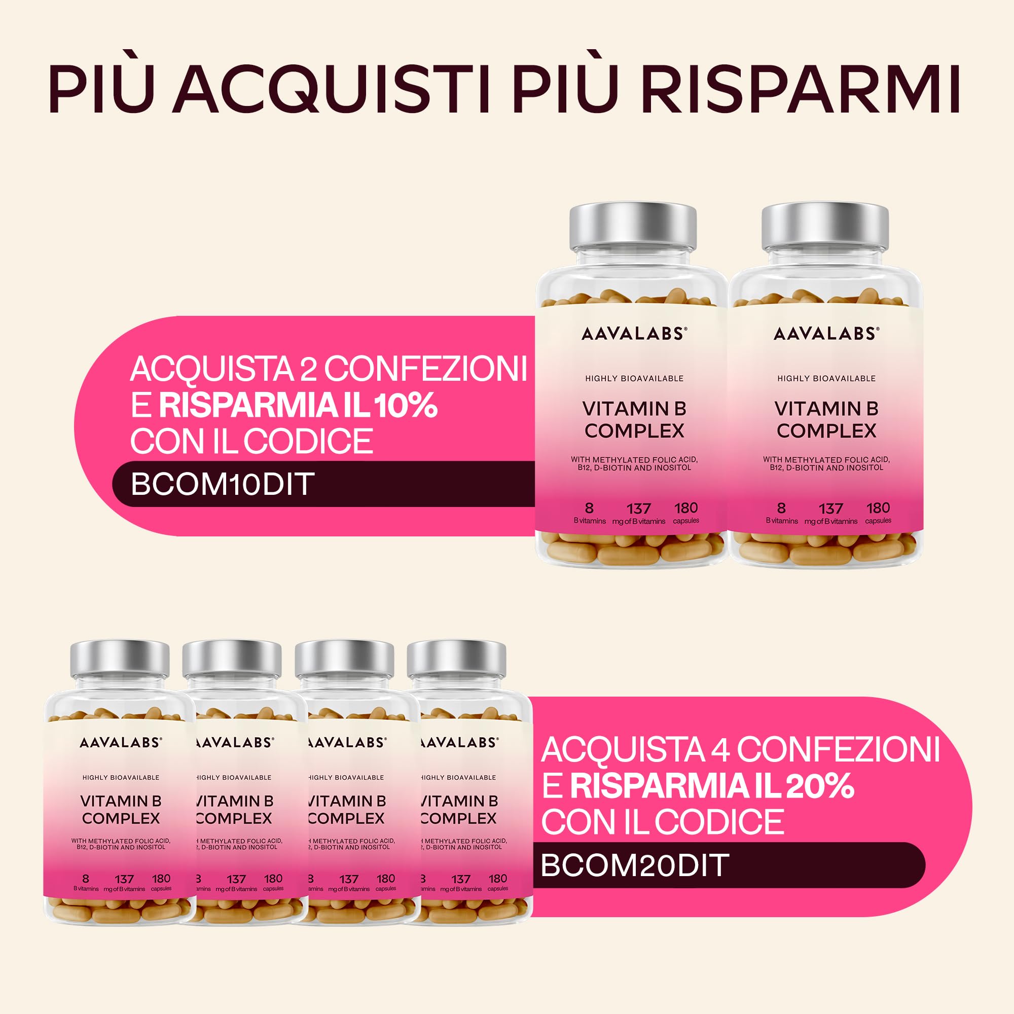 Vitamina B Complex Alto Dosaggio Vegan | 180 Capsule [6 Mesi] Vitamine B: Vitamina B1, B2, B3 (Niacina), B5, B6, B8 (Biotina), Vitamina B12 e Acido Folico Attivo (B9 Metilfolato), Inositolo e Colina