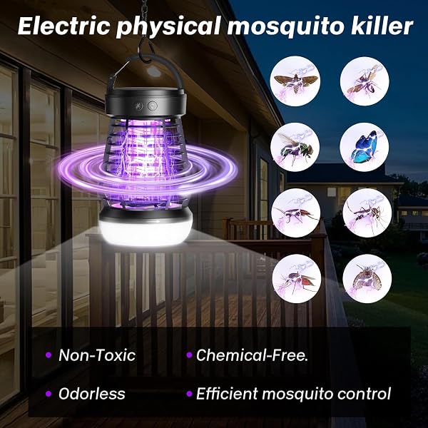 AOKKR Lámpara Antimosquitos UV 2000V, Matamosquitos Eléctrico Recargable 2000mAh con Carga USB, Carcasa ABS Impermeable, Luz LED Suave y Luz SOS, para Camping, Jardín, Balcón y Dormitorio - 2