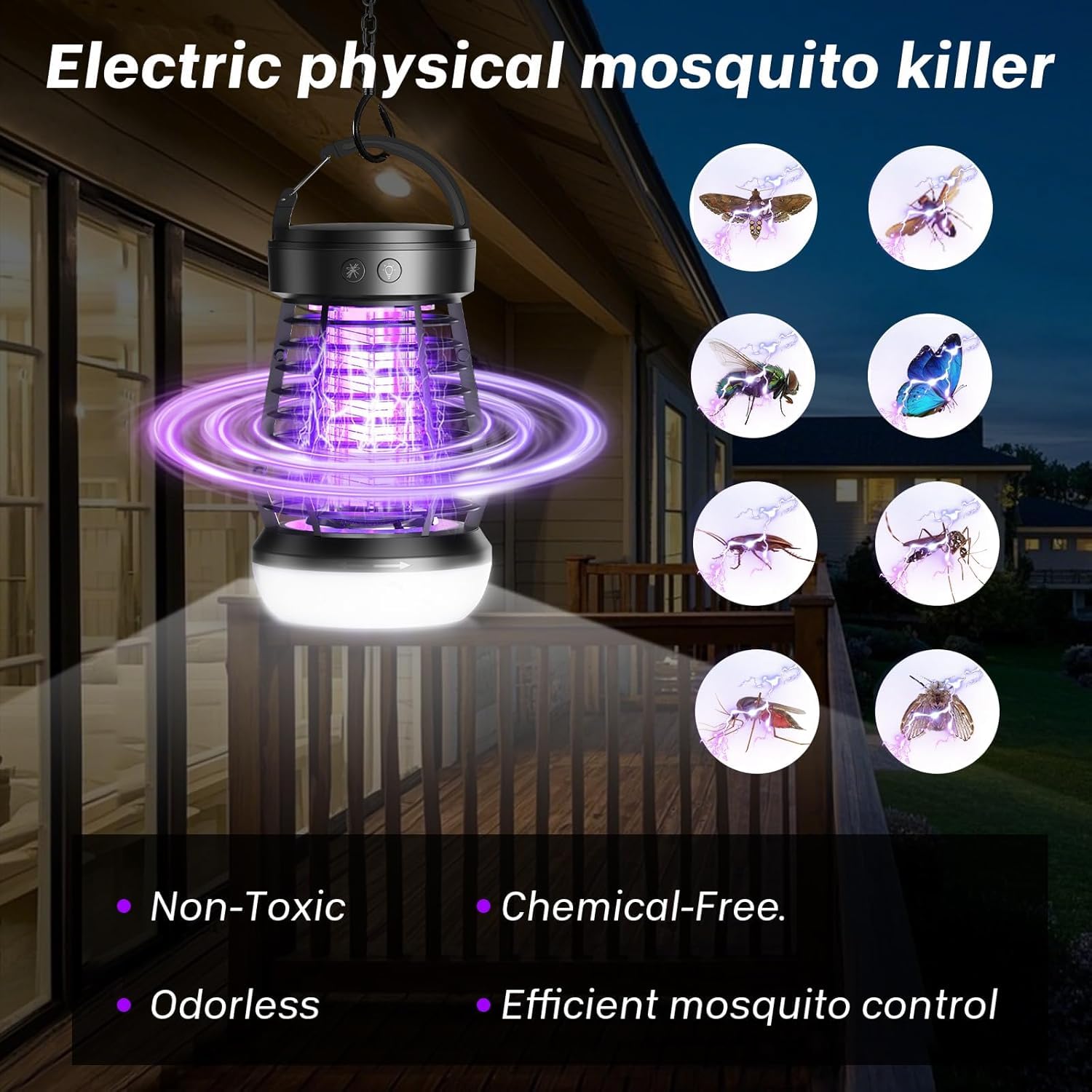 AOKKR Lámpara Antimosquitos UV 2000V, Matamosquitos Eléctrico Recargable 2000mAh con Carga USB, Carcasa ABS Impermeable, Luz LED Suave y Luz SOS, para Camping, Jardín, Balcón y Dormitorio — view 2