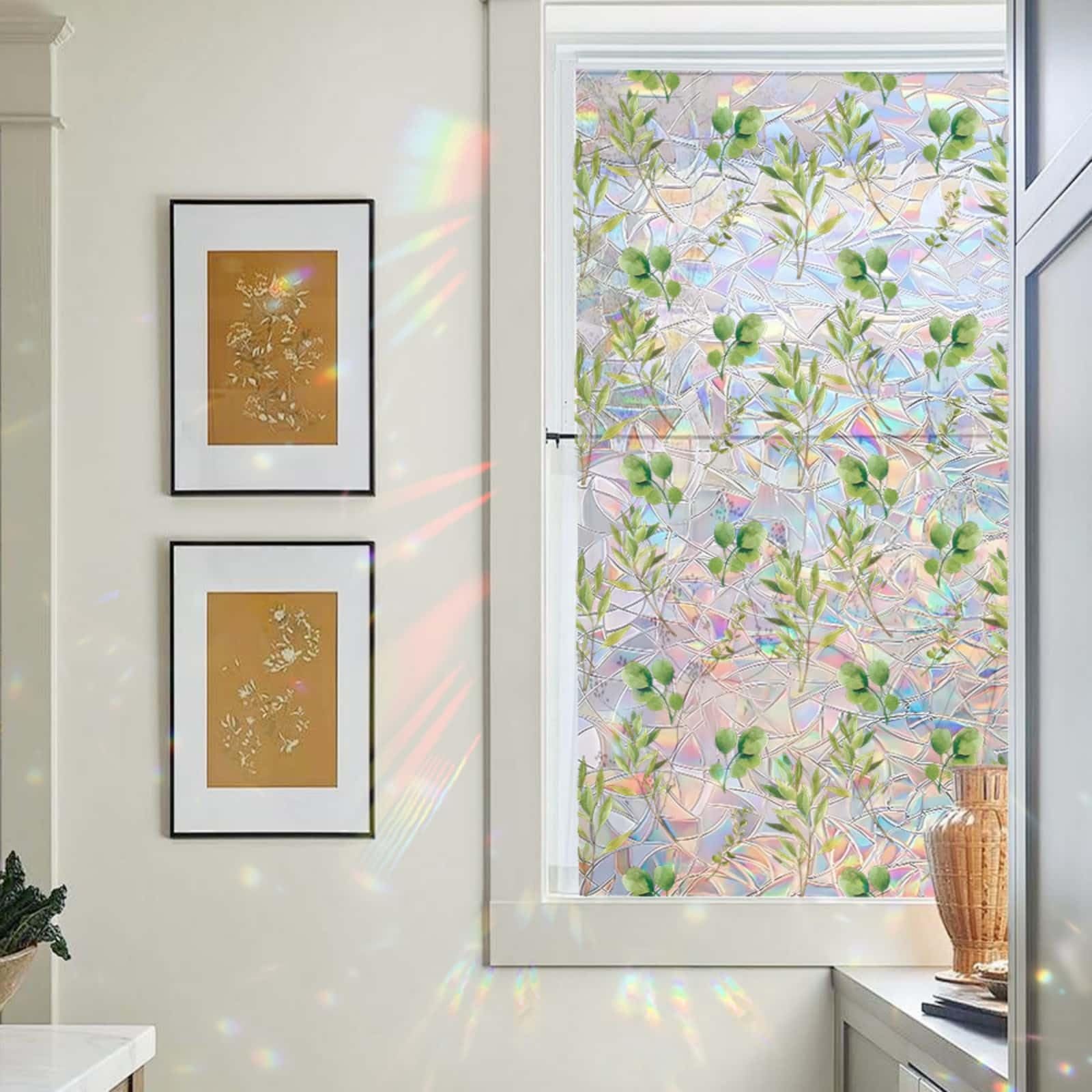 Window Film Privacy 43x100cm Plant Light Green Privacy Film for Glass Windows Office Kitchen Living Room Bathroom Opaque Reusable Window Stickers for Glass
